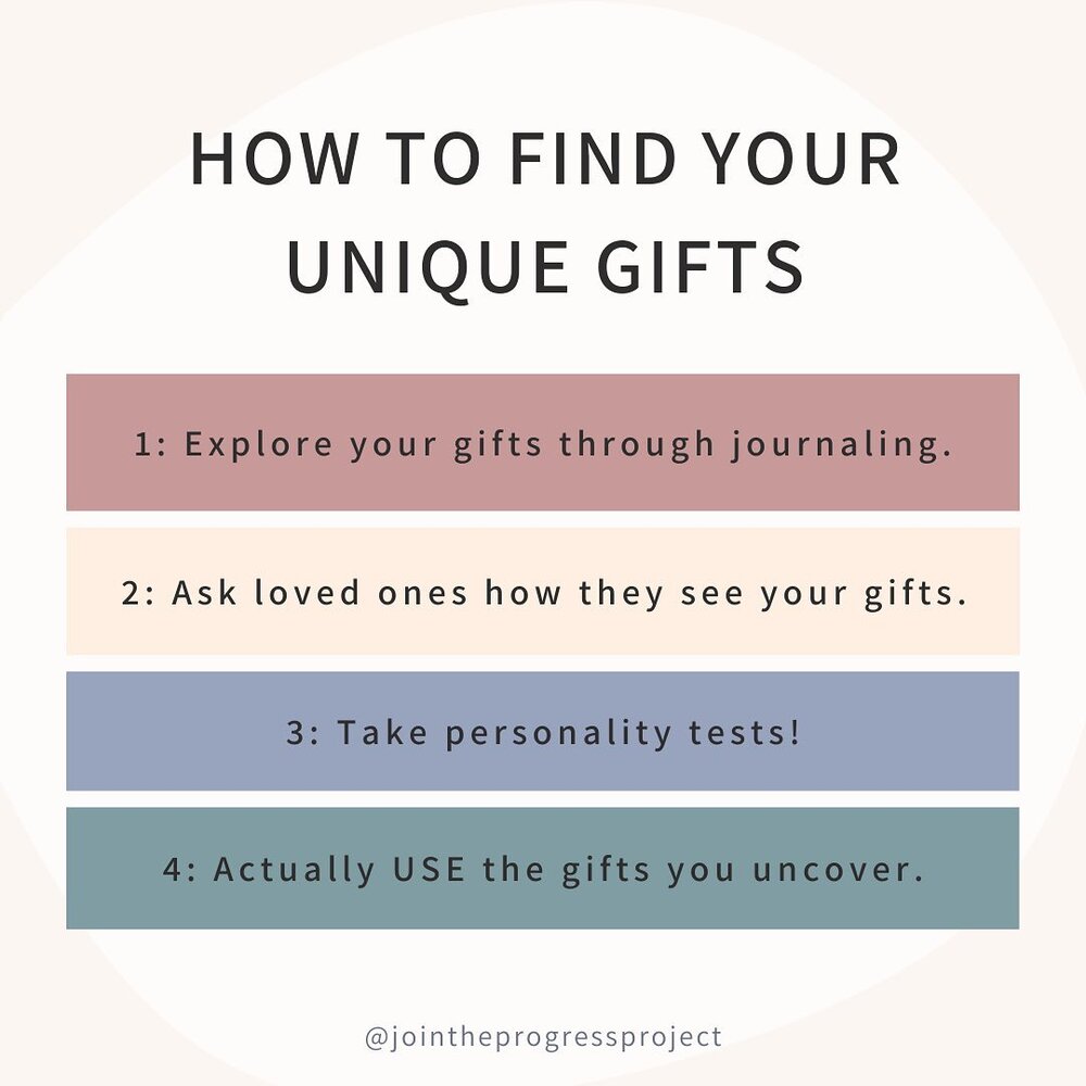 You have a unique set of gifts that are meant to bring you joy and serve the world! Here's how you can uncover those gifts and use them to their fullest potential.

1. Explore your gifts with these journal prompts:
What&rsquo;s one of your main roles