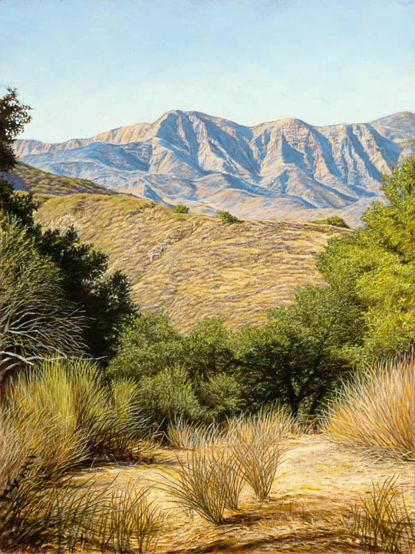 "Path to the Mountains" by Dennis Curry Begun on location, this painting depicts the San Rafael mountains from the area around Lake Cachuma California.