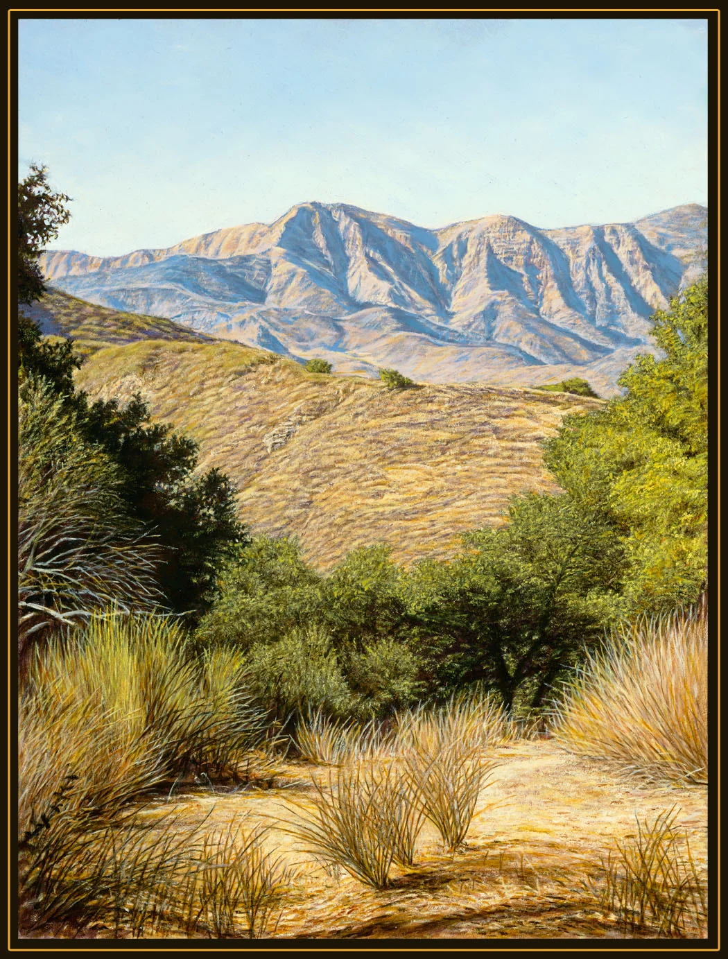 "Path to the Mountains" by Dennis Curry Begun on location, this painting depicts the San Rafael mountains from the area around Lake Cachuma California.