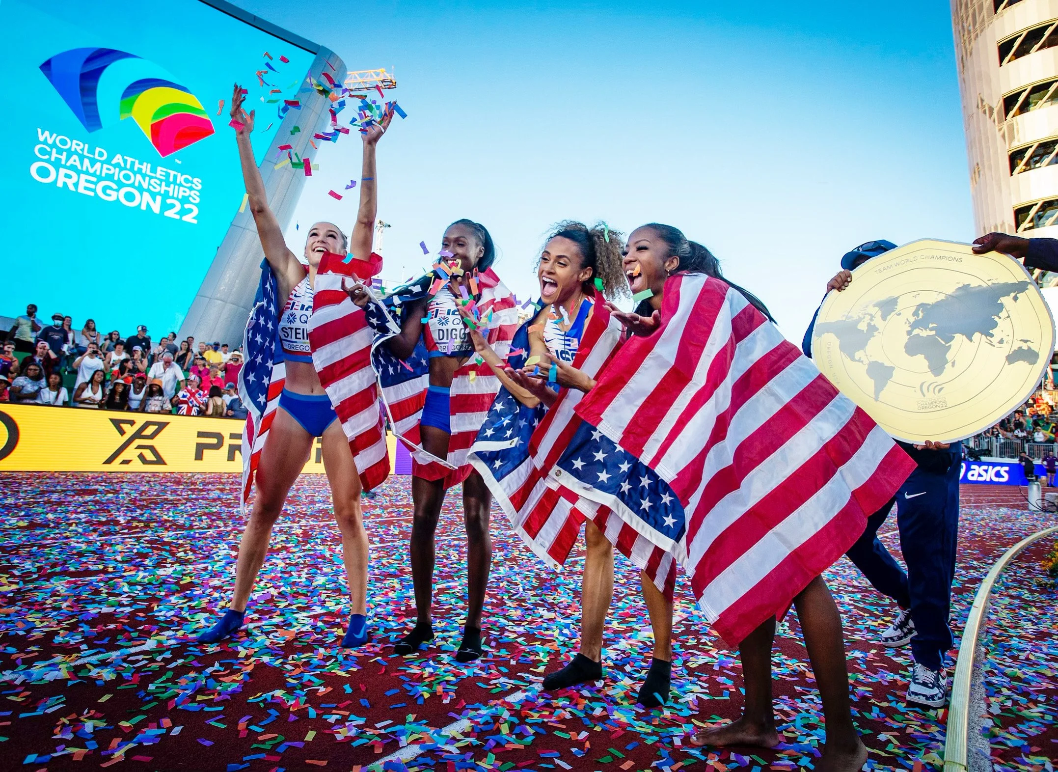  Team USA gold medal 4x400 meter relay members Abby Steiner, left, Talitha Diggs, Sydney McLaughlin and Britton Wilson celebrate after Team USA won the team trophy on the final day of the World Athletics Championships Sunday, July 24, 2022, at Haywar