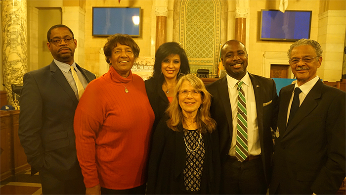Los Angeles City Hall, February 2, 2016. Pasadena City College history professor and key academic advisor for the film, Christopher Jimenez y West; Lorraine Bradley; Alison Sotomayor; Lyn Goldfarb; Los Angeles City Councilman Marqueece-Harris Dawson; and former Los Angeles City Councilman Robert C. Farrell (ret.).