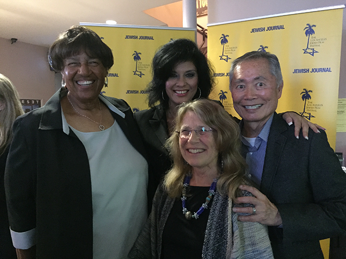 Los Angeles Jewish Film Festival, August 12, 2015. Lorraine Bradley; Alison Sotomayor; Lyn Goldfarb; George Takei, Bradley’s 1973 Asian American campaign committee chairman and Bradley’s appointee to the board of directors of the Southern California Rapid Transit District (1973-1984)