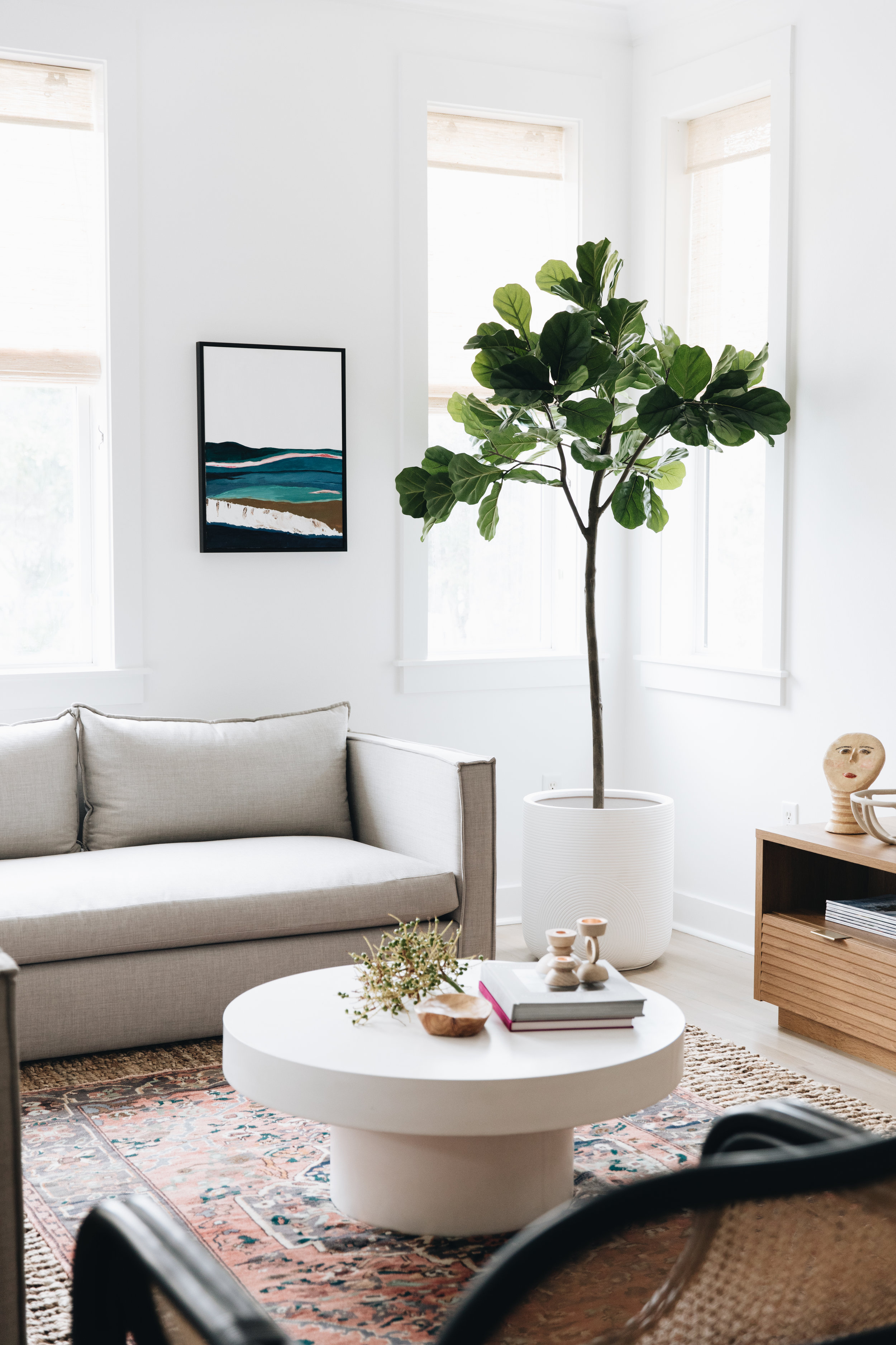   Sofa (custom from Clad Home)    Faux Fiddle Leaf    Coffee Table (Sold Out, Similar)    Wood Bowl    Planter    