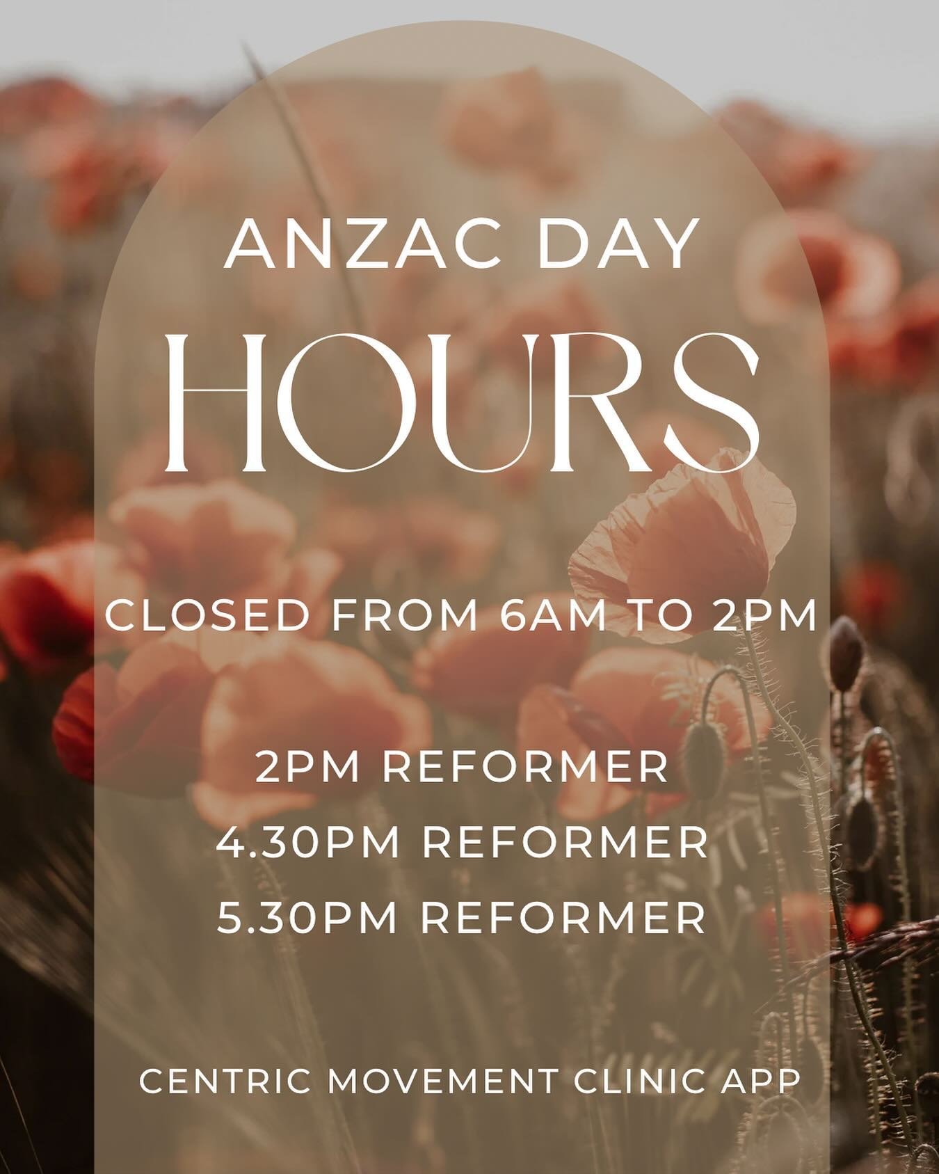 We will be closed most of ANZAC Day with some reformer classes running in the afternoon.