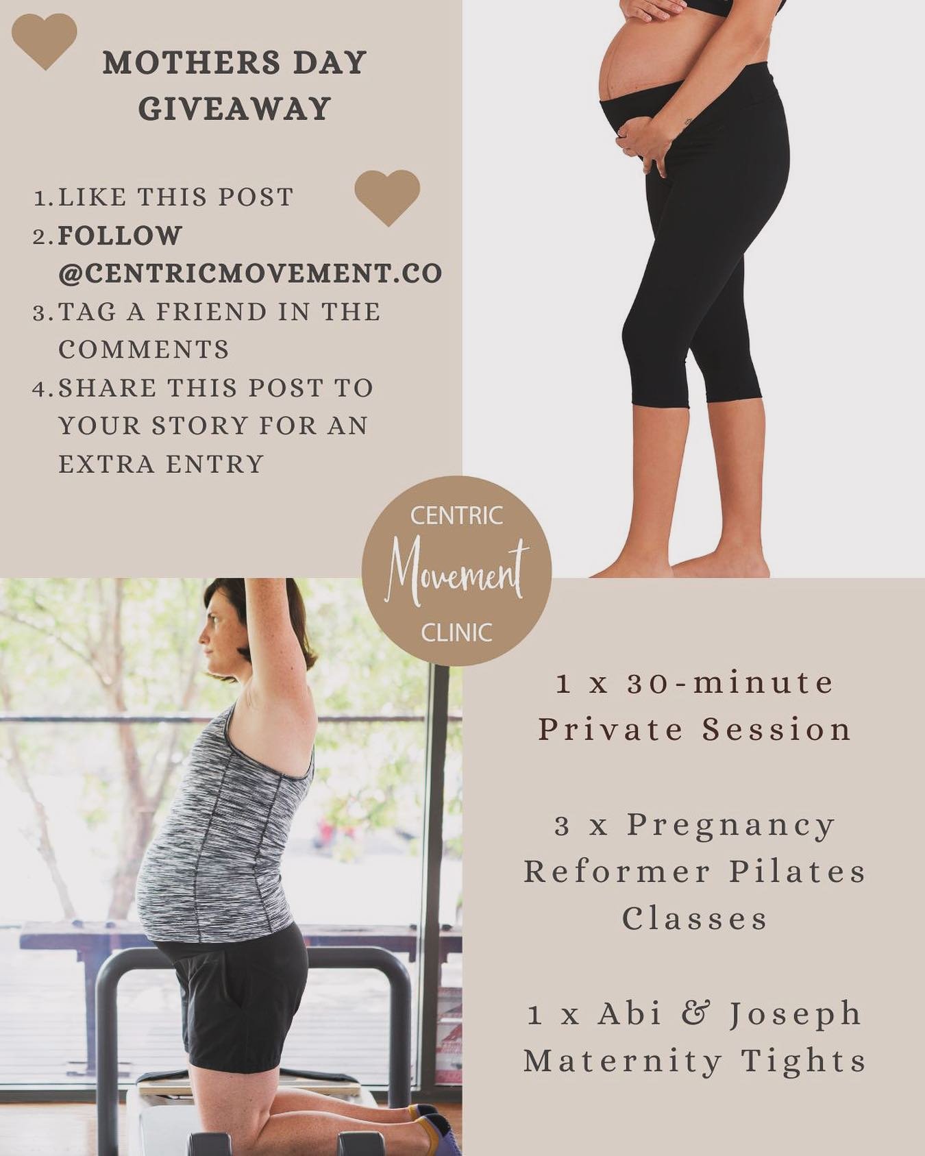 GIVEAWAY TIME 🤩🤰

Mother&rsquo;s Day giveaway. 

What will the winner receive?
- 1 x Private 1-on-1 session with one of our instructors 
- 3 x Pregnancy Reformer classes 
- 1 x Pair of Abi and Joseph Maternity Tights 

How to enter?
1. Like this po