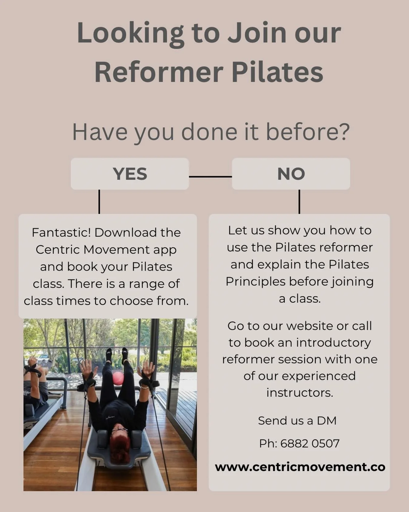 Reformer Pilates is growing and so many people have had the opportunity to experience it. If you have participated in a reformer class and would look to join Centric, book your class directly through our app. 

If you are seeking guidance on how to u