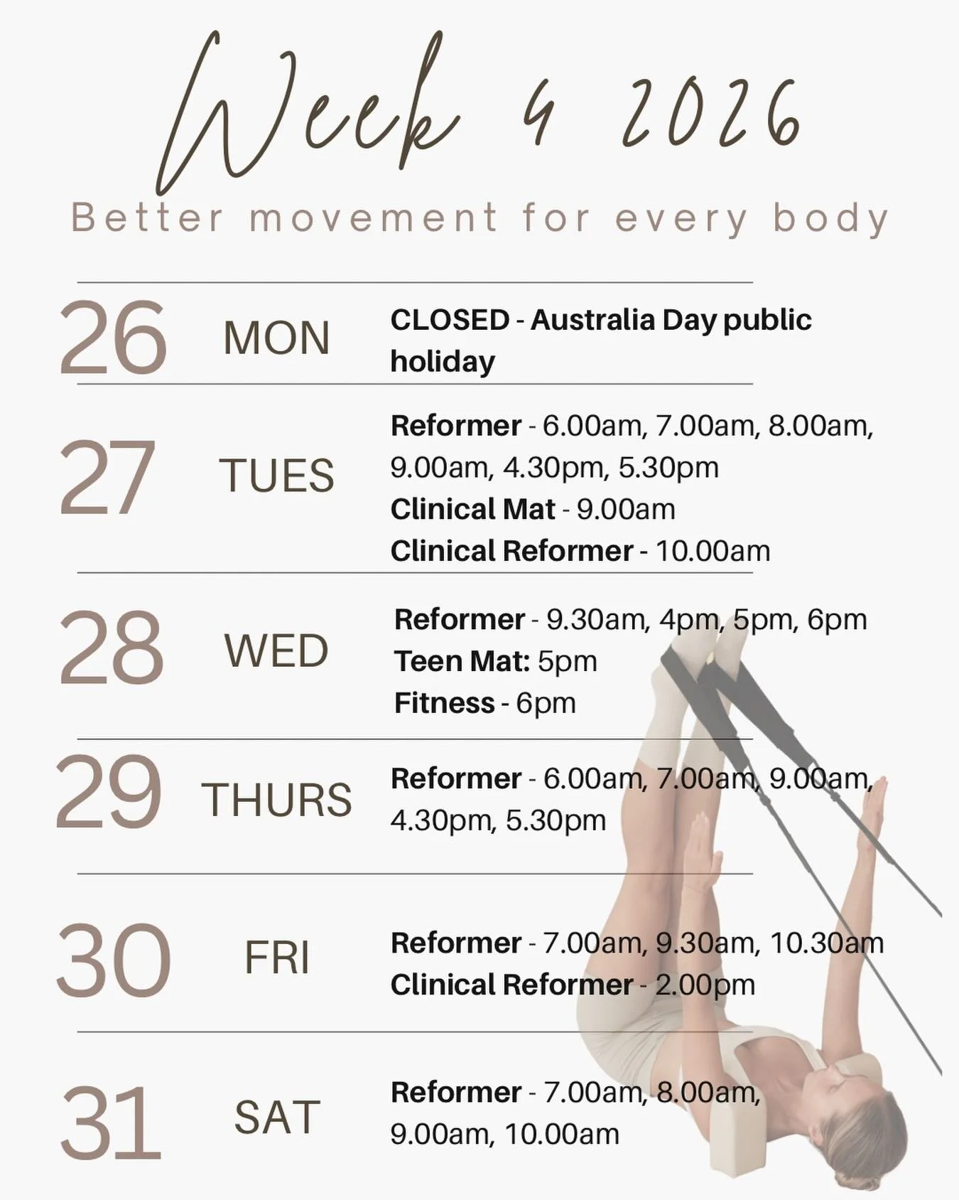This week will be the final week of our modified class timetable. From the start of Feb we will return to our full class schedule.
Teen Pilates Mat will start back this Wednesday at 5pm. We would love to see our teen return after their holiday break.
