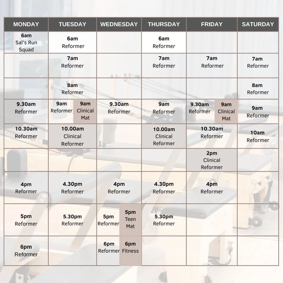 Our full class timetable returns next week!

2026 is the year of better movement and healthier habits.

Class bookings can be made through our app.
Individual appointments, including Introductory Reformer sessions and Exercise Physiology, can be book