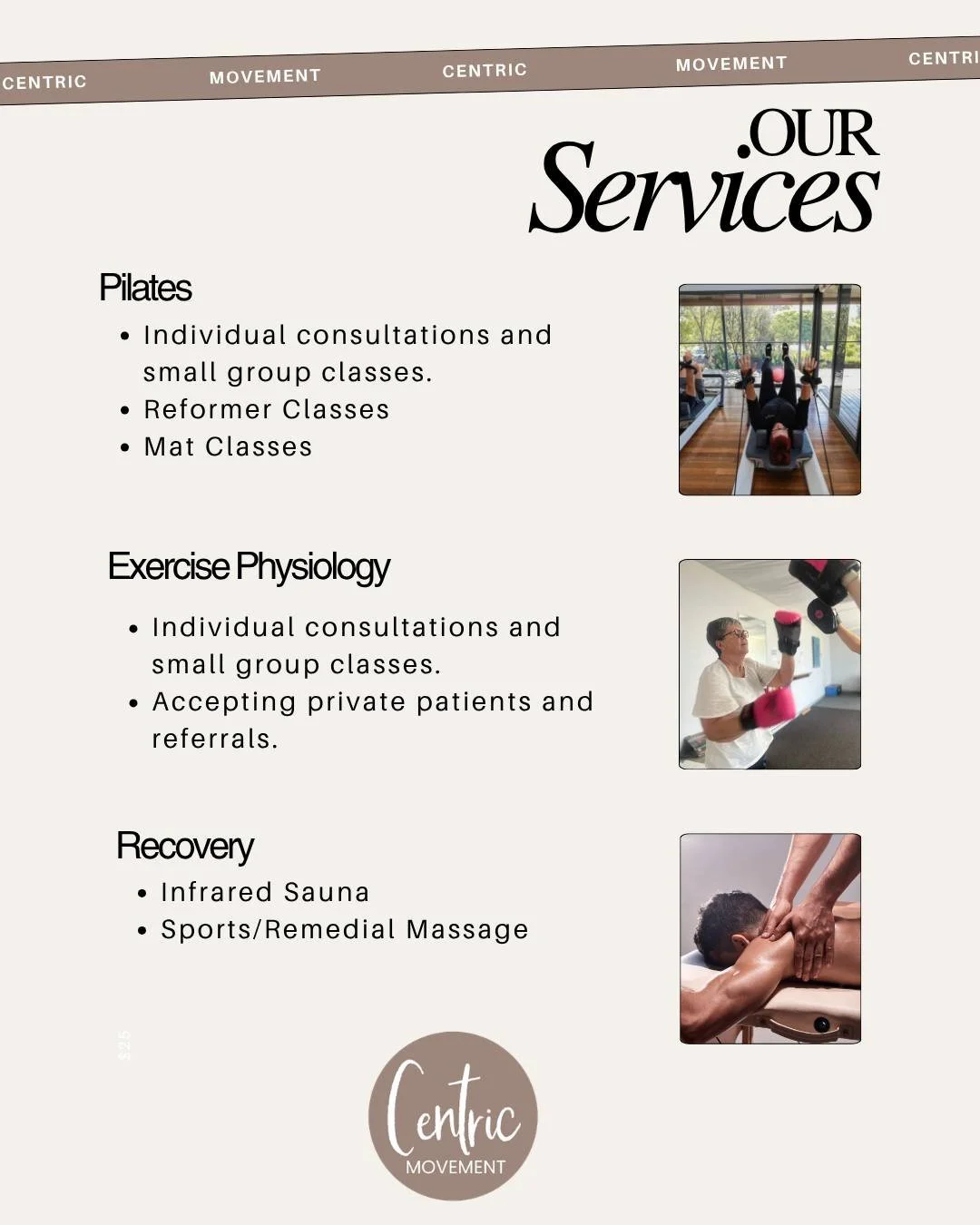 Centric is your one-stop shop for all your exercise, wellness, and recovery needs.

Our team of Accredited Exercise Physiologists, Pilates Instructors and Massage Therapist care about you. Reach out to us to find out which is the best service for you