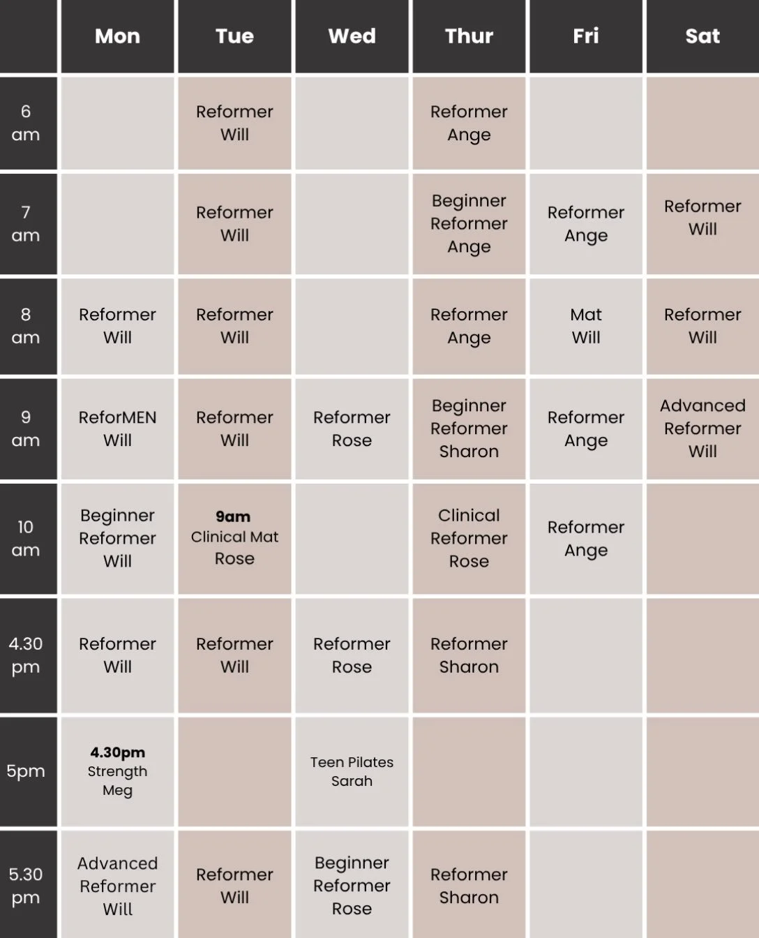 Our Updated Timetable! Now with more Beginner and Advanced Reformer classes available.