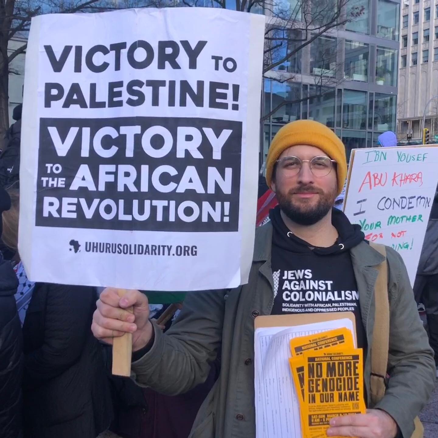 Shoutout to USM Chair Jesse Nevel proudly wearing our new design, &ldquo;Jews Against Colonialism: Solidarity with African, Palestinian, Indigenous and Oppressed Peoples!&rdquo; at a demonstration in Washington DC last month in support of Palestine. 