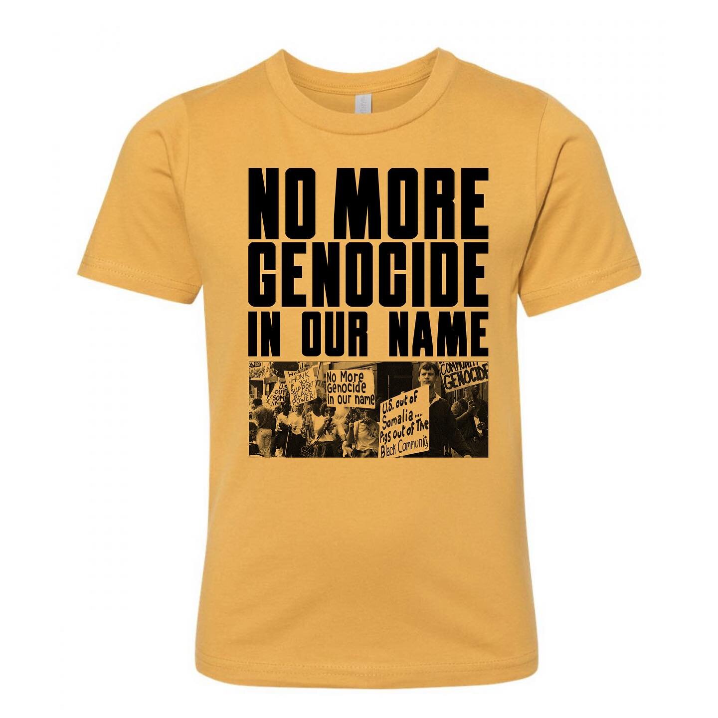 NO MORE GENOCIDE IN OUR NAME - Solidarity with African, Indigenous and Palestinian resistance! 
This is a sliding-scale fundraiser t-shirt for the @uhurusolidarity 2024 National Convention, &ldquo;No More Genocide In Our Name&rdquo; taking place Marc