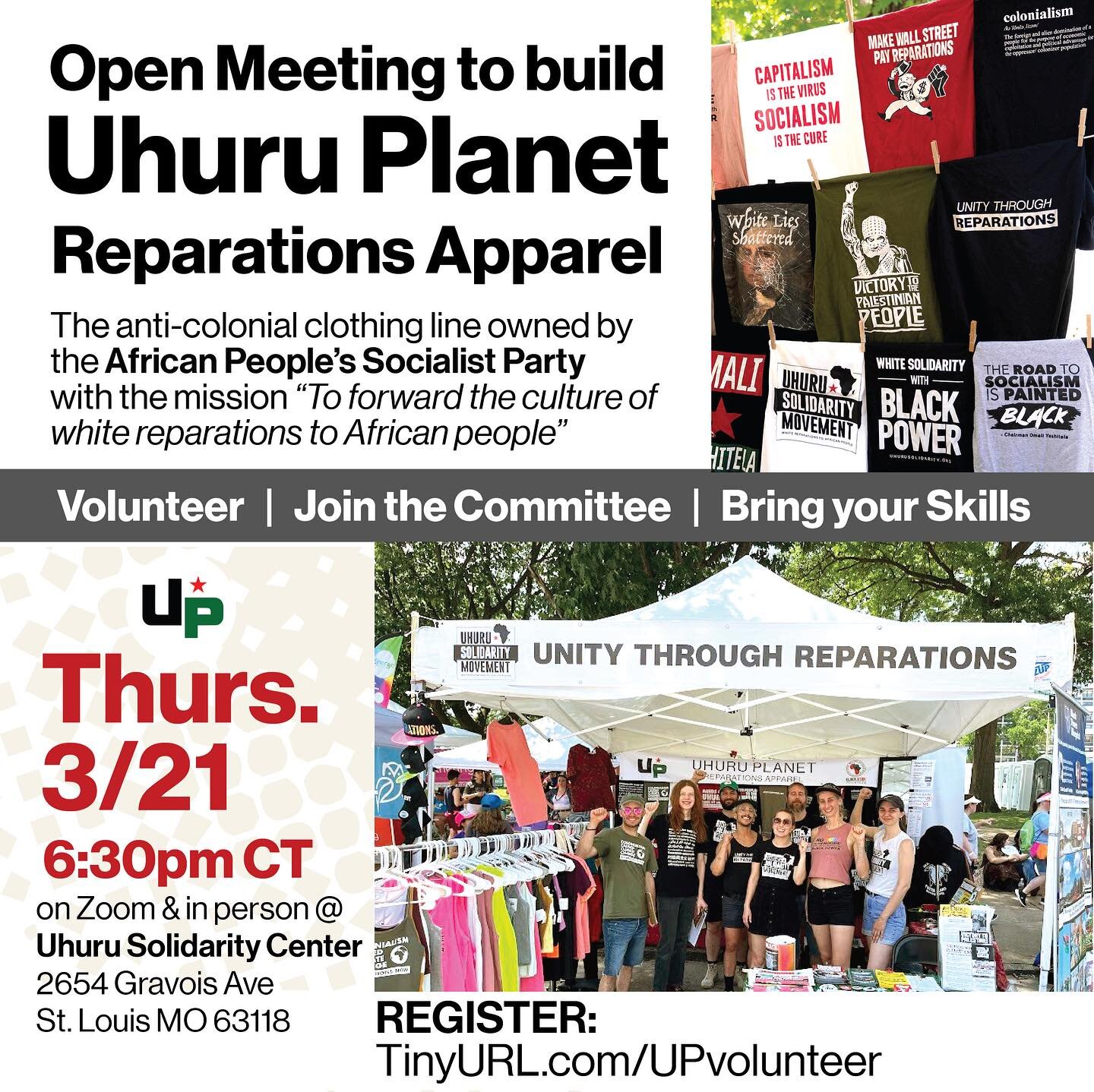 Join us for an Open Meeting to build Uhuru Planet Reparations Apparel, the anti-colonial clothing line owned by the African People&rsquo;s Socialist Party. 

Learn how you can get involved! Featuring an overview by Penny Hess, Chairwoman of the Afric