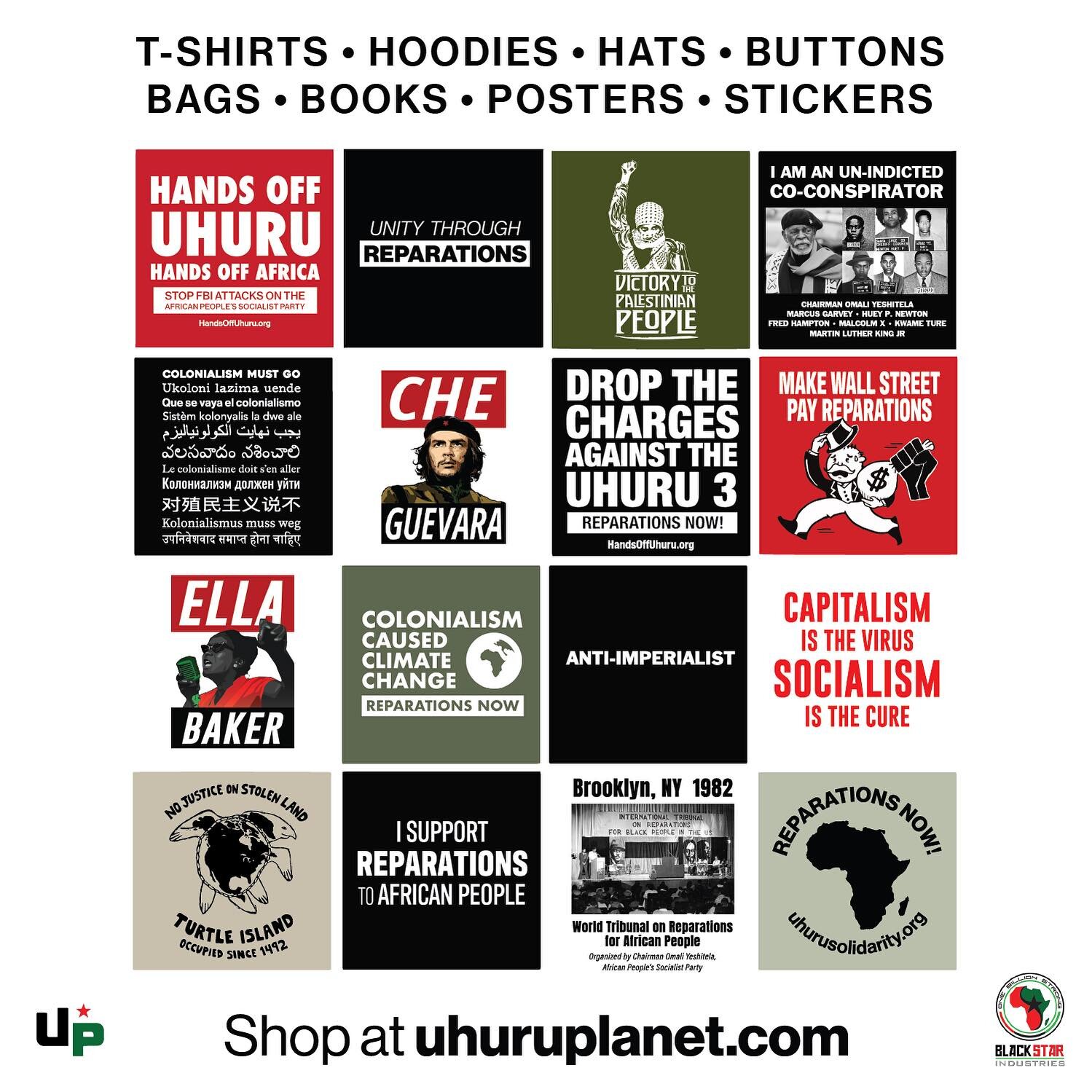 What&rsquo;s your favorite design? We have almost 40!
Shop revolutionary anti-colonial designs with Uhuru Planet Reparations Apparel, a subsidiary of Black Star Industries with the mission &ldquo;To forward the culture of white reparations to African