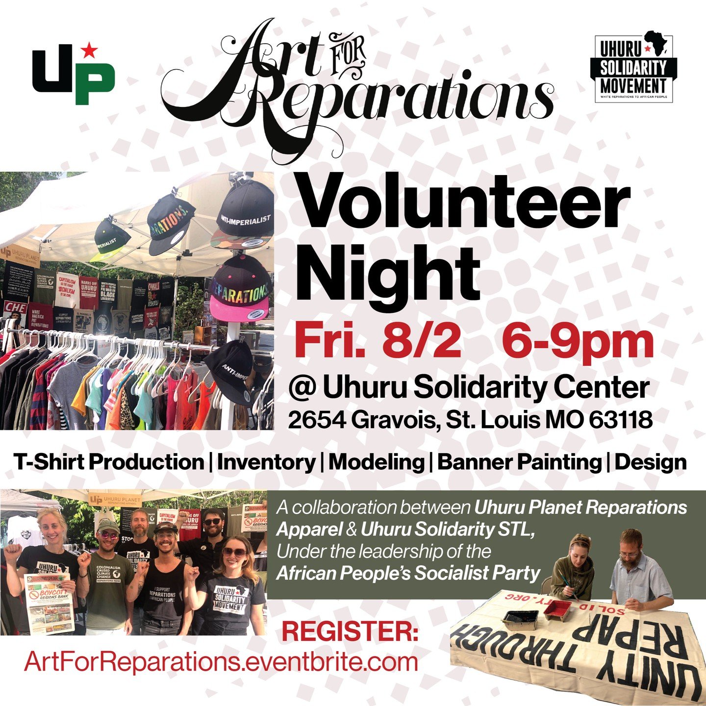 Join us for our next volunteer night! Friday, August 2nd, 6-9pm at the Uhuru Solidarity Center, 2654 Gravois Ave, St. Louis MO 63118

We will have various projects that you can participate in, such as:

 T-shirt production
 Inventory counting/sorting