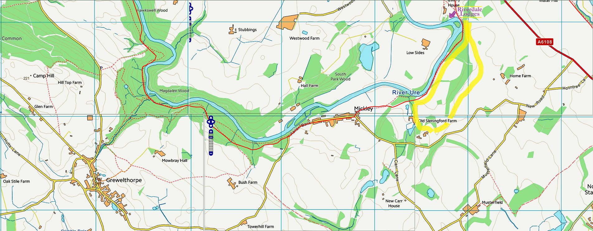 The red track along the river forms part of a famous long distance trail, the Ripon Rowel Walk and we marked Riverdale Lodges in the top right section of this map. The walk described above, covers only the area marked in yellow, and you can see it is just a tiny part of the huge walking possibilities. If you’re up for more, then it will take close to 3 hours (one-way) to follow the path along the river all the way to the enchanting Hackfall with grottos and glades, temple ruins and spectacular waterfalls. See also https://www.woodlandtrust.org.uk/visiting-woods/wood-information/hackfall/ or the descriptions of the walks at Hackfall . Luckily there are plenty of variations with a stop at a dog-friendly pub in Grewelthorpe and maybe call it a day and arrange a taxi for the way back? Or start the day with a short (taxi)drive (15 minutes) to the car park at Hackfall and walk all the way home? Other strong favourites among our guests, that require just a quick hop in the car, are Brimham Rocks (a stunningly beautiful drive of 35 minutes), Studley Royal / Fountains Abbey (20 minutes by car) where especially the Seven Bridges Valley Walk is highly recommended, and a bit further away, to the other side of the A1, there is the historical railway over the North York Moors with a number of interesting walks linked to its stations. Click any of the pictures below to see the full package of information on their websites!