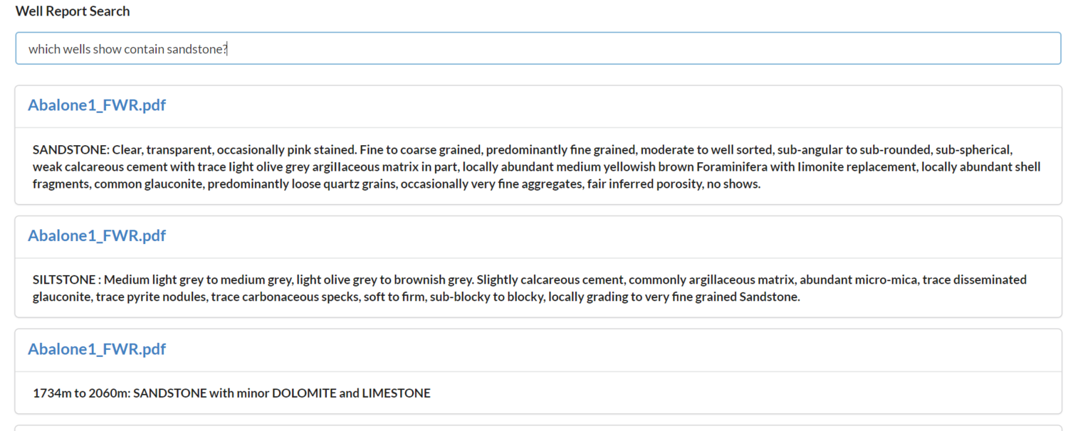 Iraya's ElasticDocs allows for global elastic text search in a corpus of well reports, making it much easier to find information like: Which wells contain sandstone? What depth is this formation?