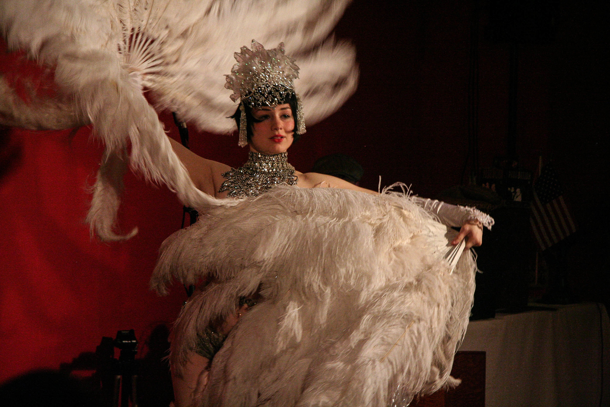 Vicky Butterfly performs fan dance burlesque