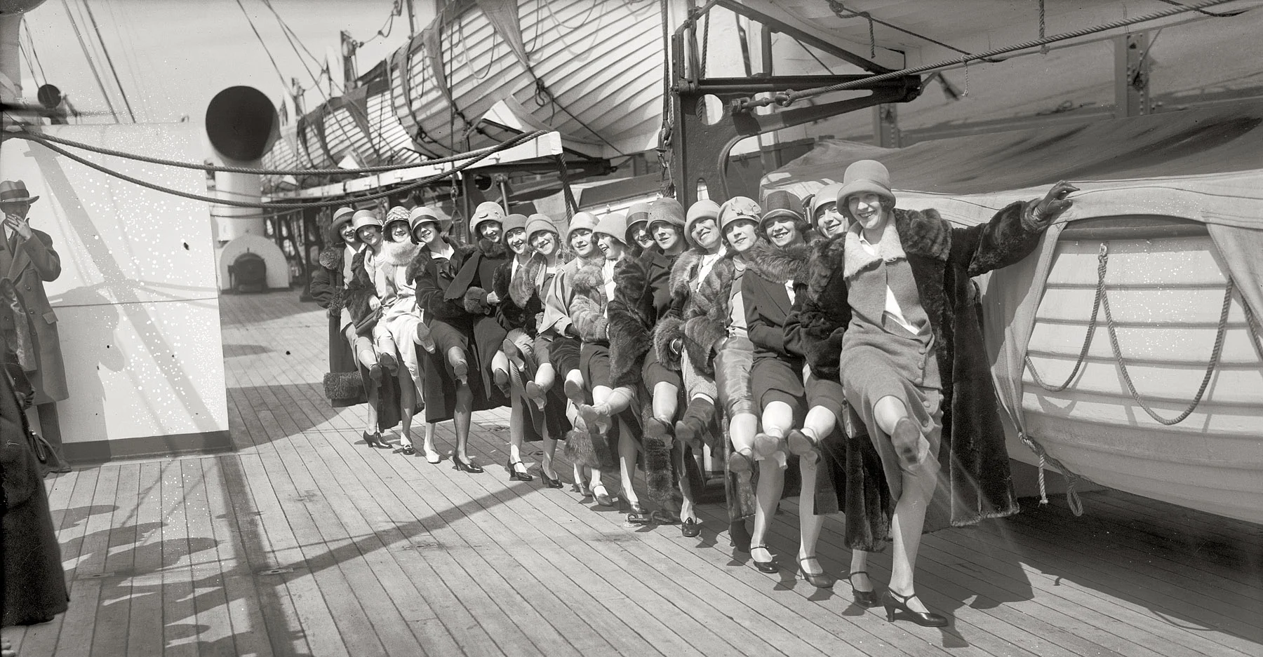 The famous chorus line the Tiller Girls taking a turn about the deck of the Berengaria in 1926