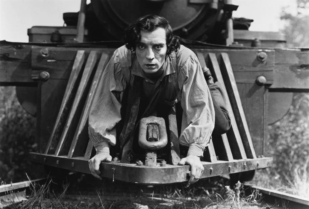 Buster Keaton executes one of his trademark daredevil stunts in The General (1926)