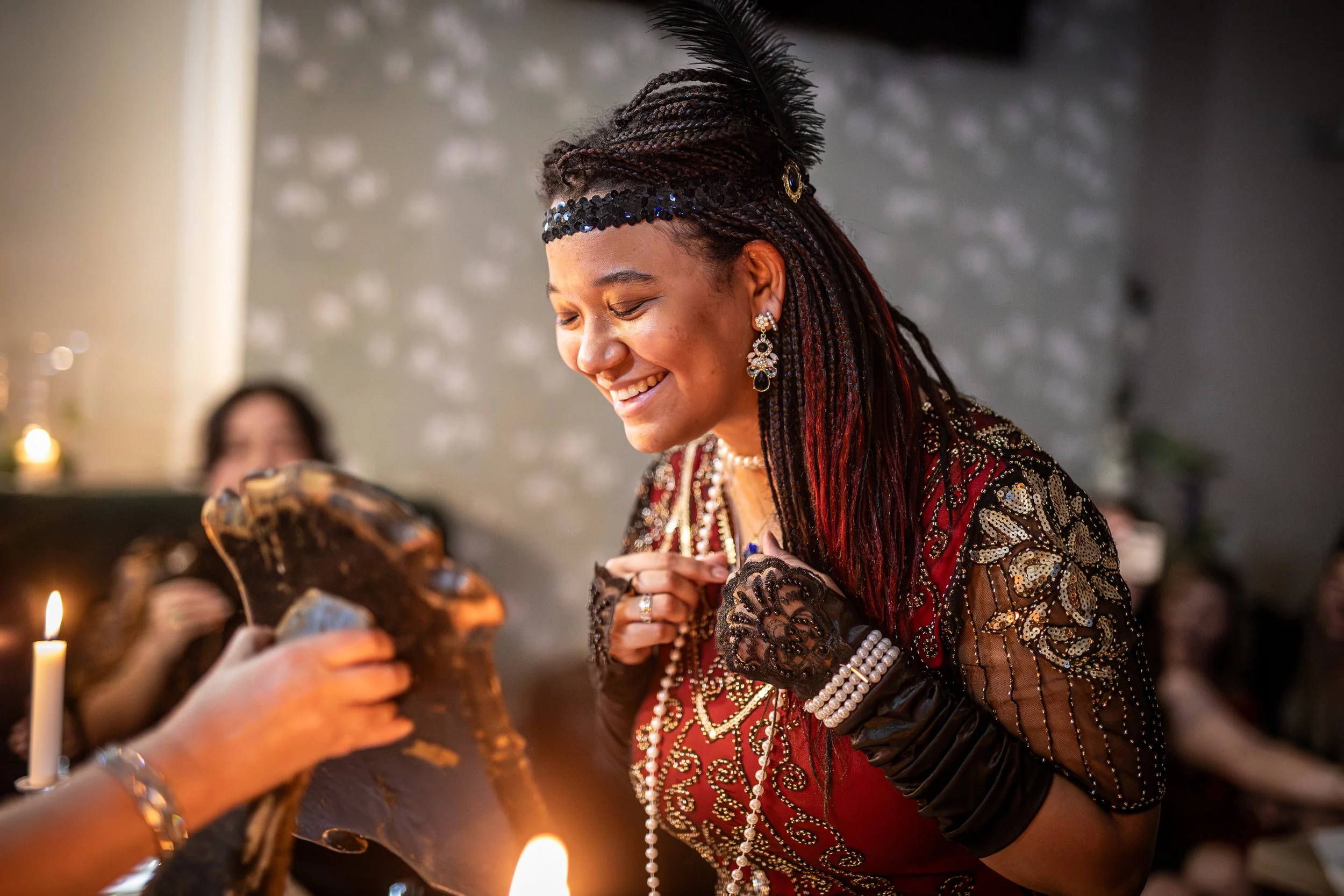 Trying on jewellery at the Candlelight Club