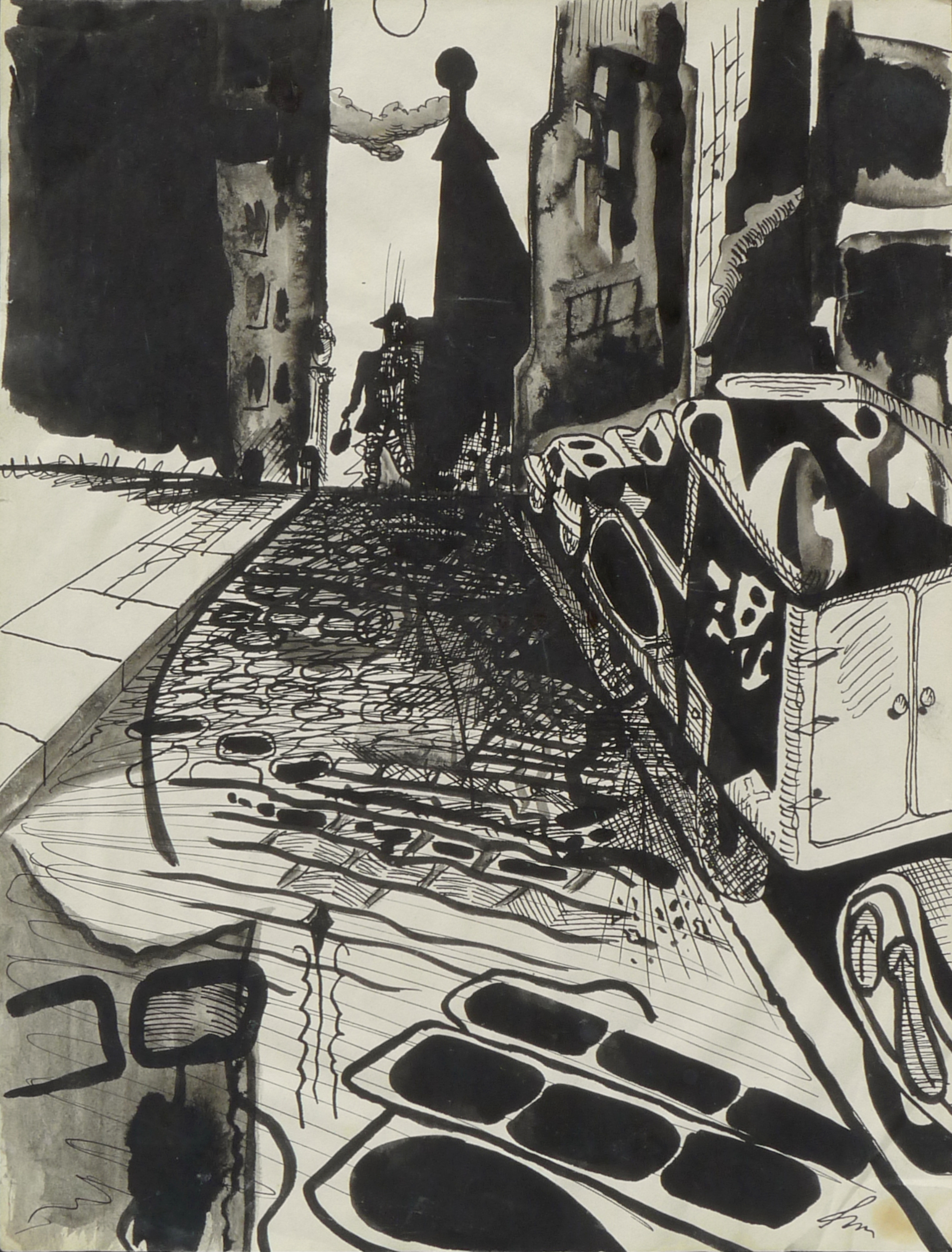 Man on Cobblestone Street