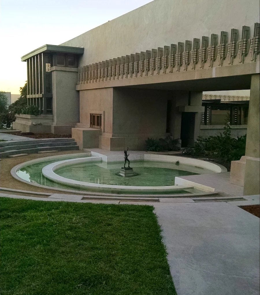 The exterior of the Hollyhock House in Barnsdall Park.