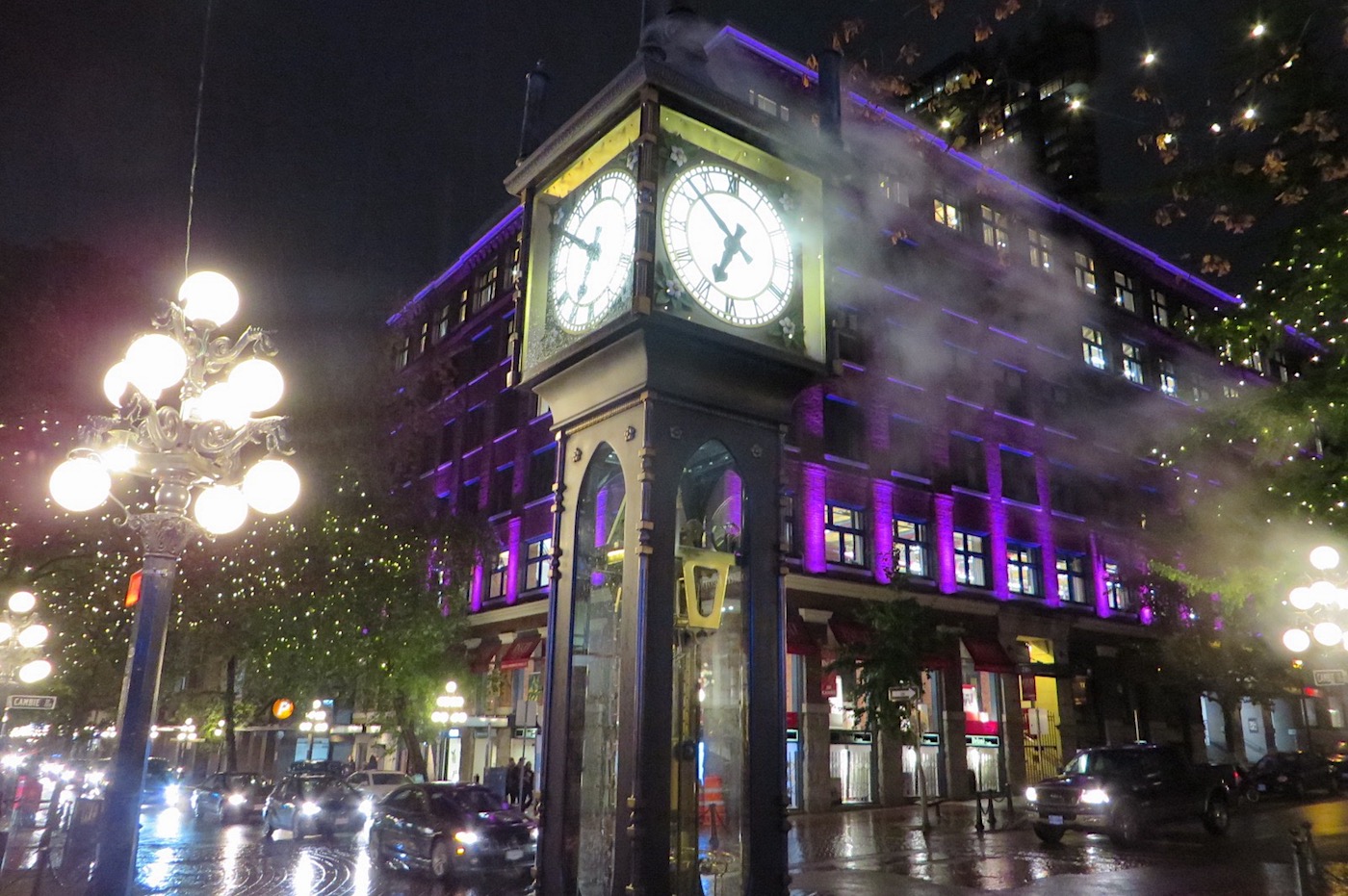 the famed Gastown clock in the evening mists…