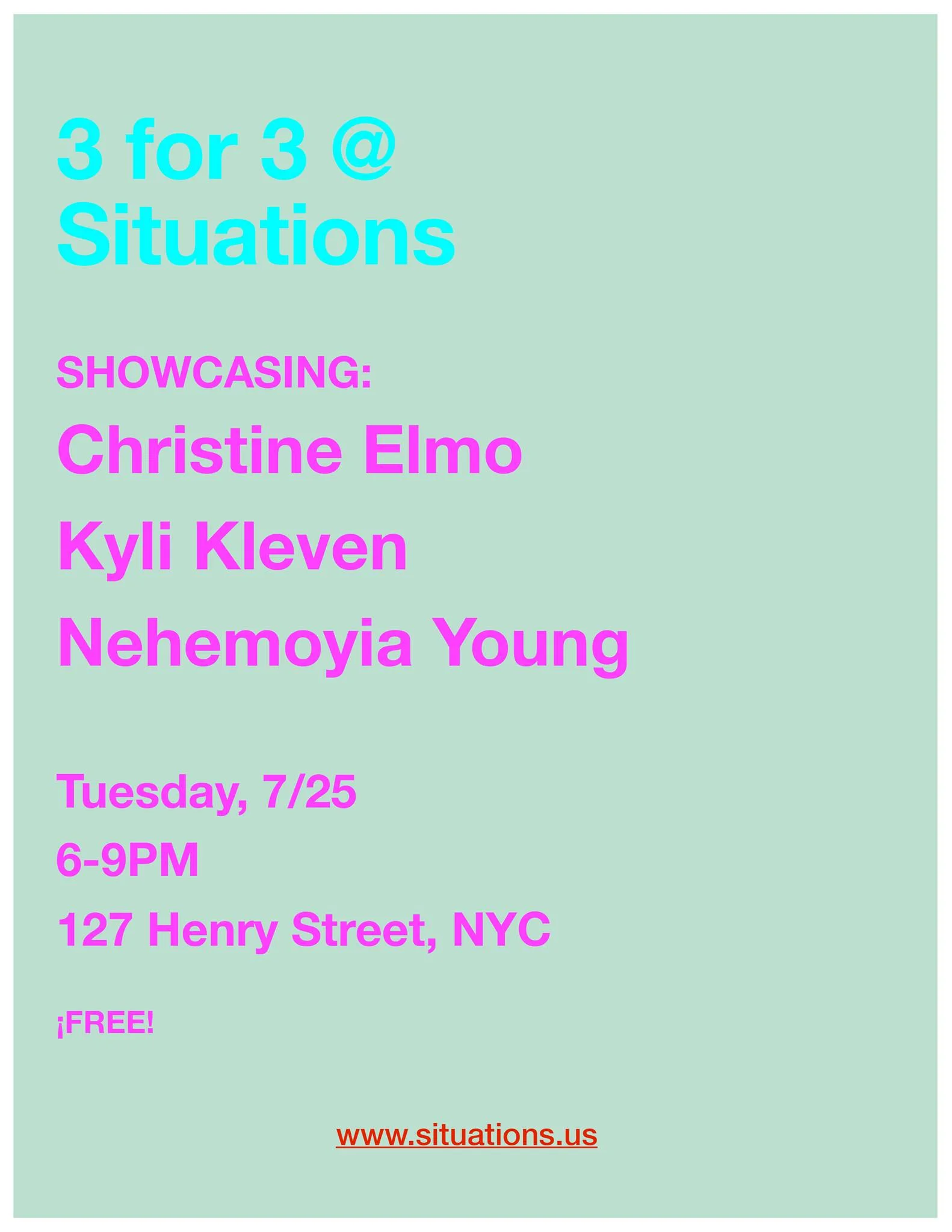 A free and flexible performance event. You may come and go as you please to view the latest, in-process work from artists Christine Elmo, Kyli Kleven and Nehemoyia Young. Press