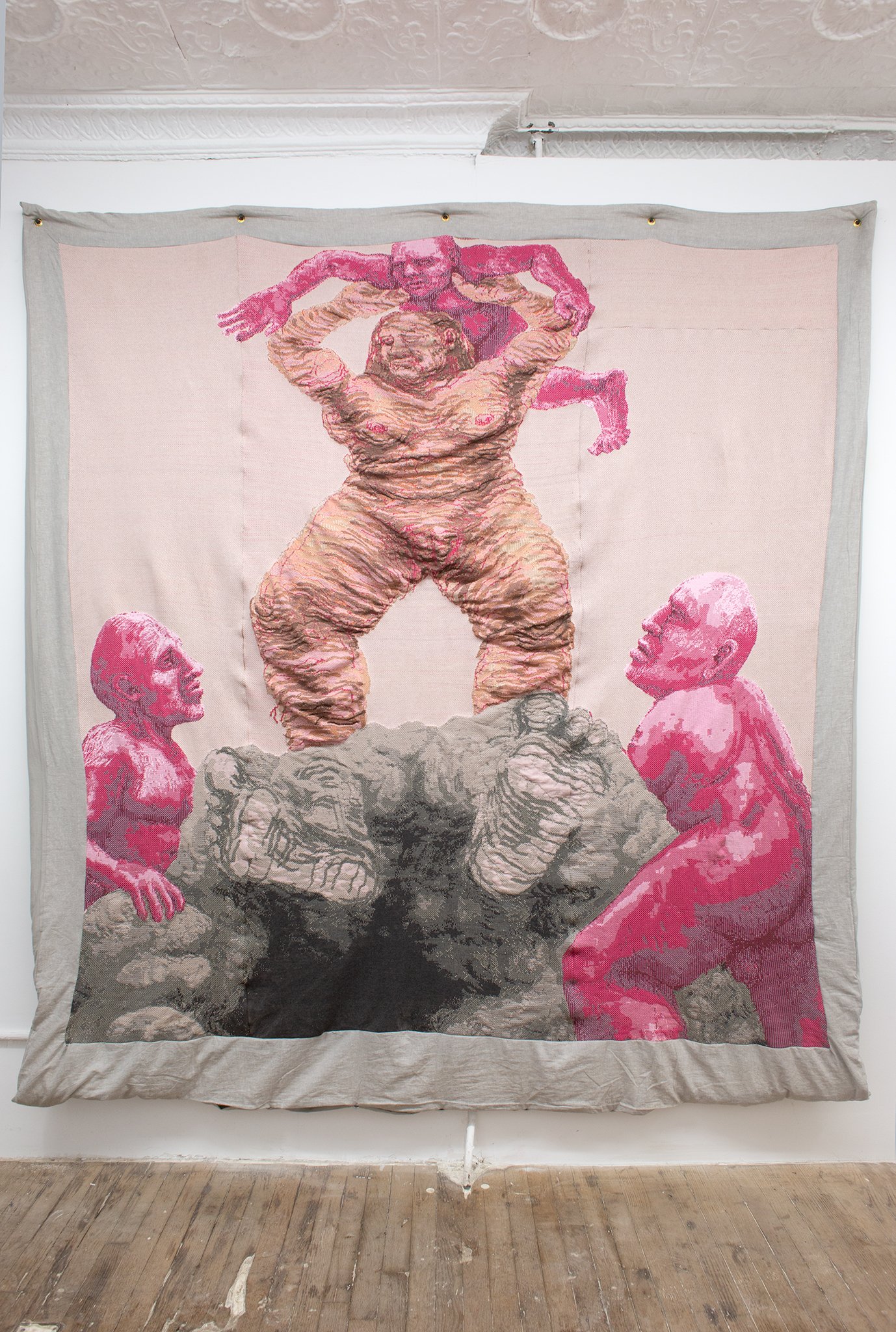  Felix Beaudry   Flying Lessons , 2023  Knit tapestry on duvet cover and gromets  90 x 82 inches approx. 