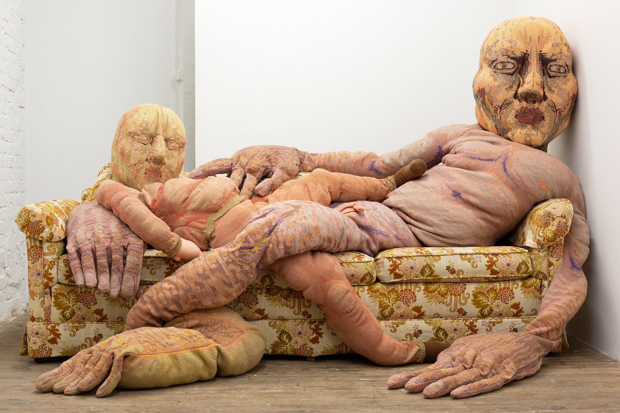  Felix Beaudry   The Glob Mother and Lazy Boy , 2023  Knit tapestry with woven couch  88 x 50 x 60 inches approx. 