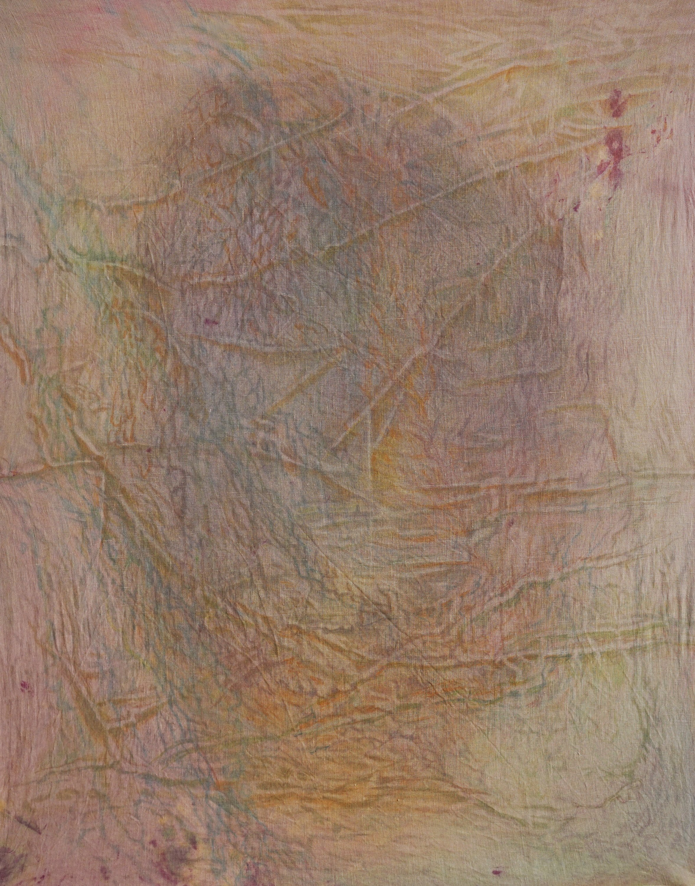 Alina Bliumis Bruise Series #350,000 , 2025. (*Some 350,000 people were estimated to have left Belarus since the crackdown on dissent in 2020) Watercolor on printed linen 31 x 24 inches (78.75 x 61 cm)