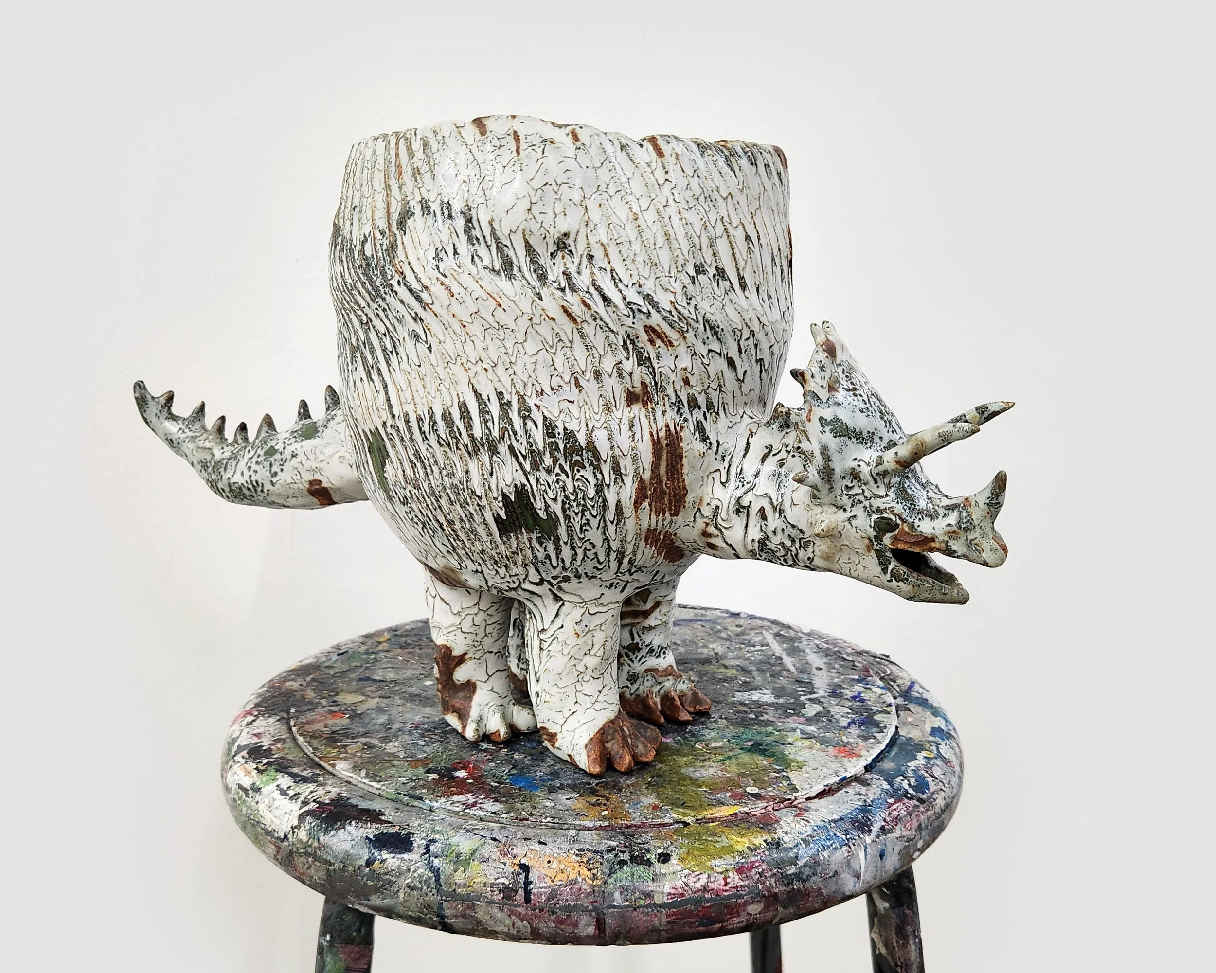  Richard Nam  Triceratops Marbled White , 2025 Glaze on stoneware 18 x 7.5 x 10 inches 