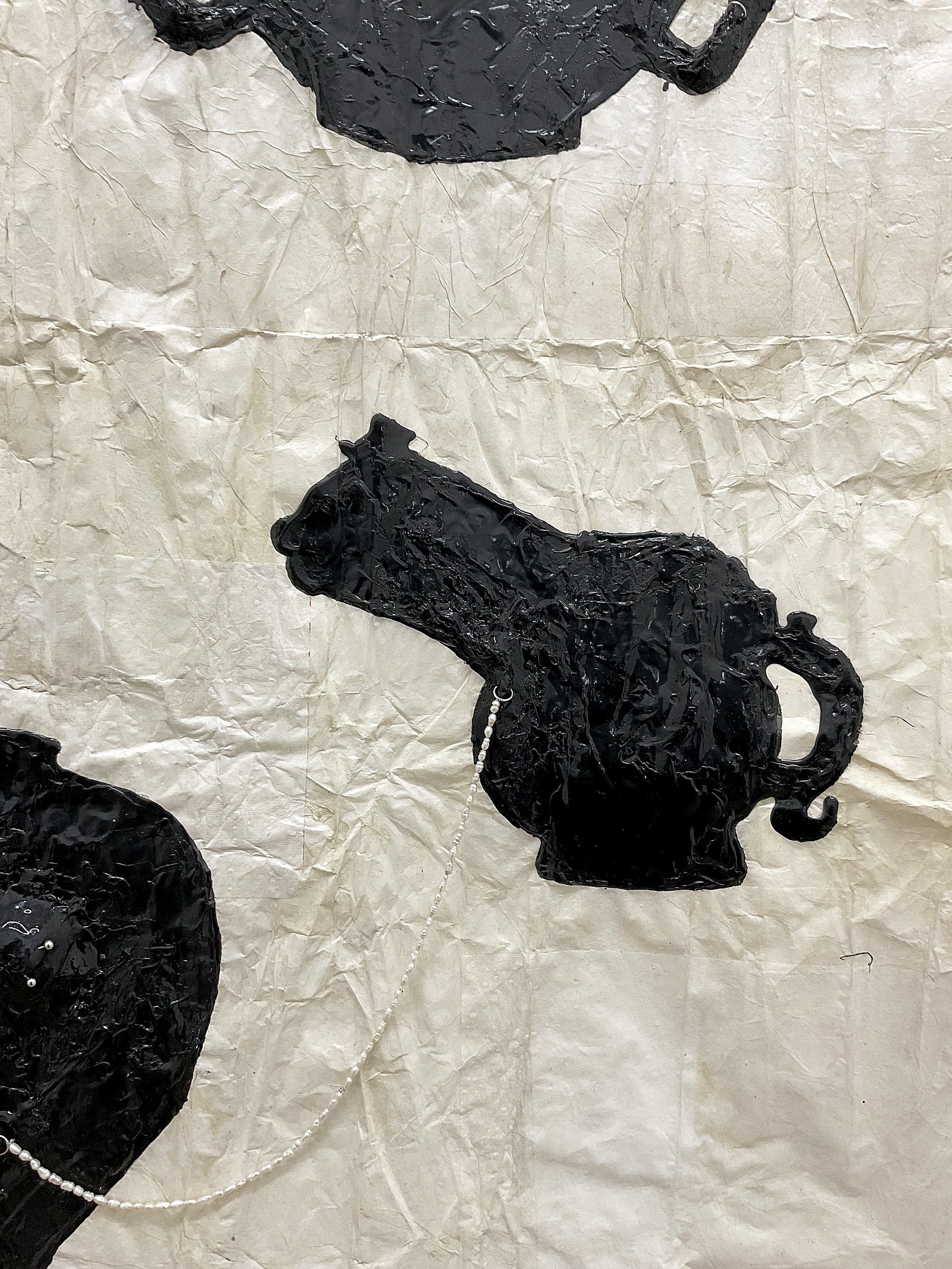  Detail of  Ellen Jong  Pearl Chasing the Dragon , 2025 Handmade ink, pearls, and piercing jewelry on paper 51 x 76 inches approx 