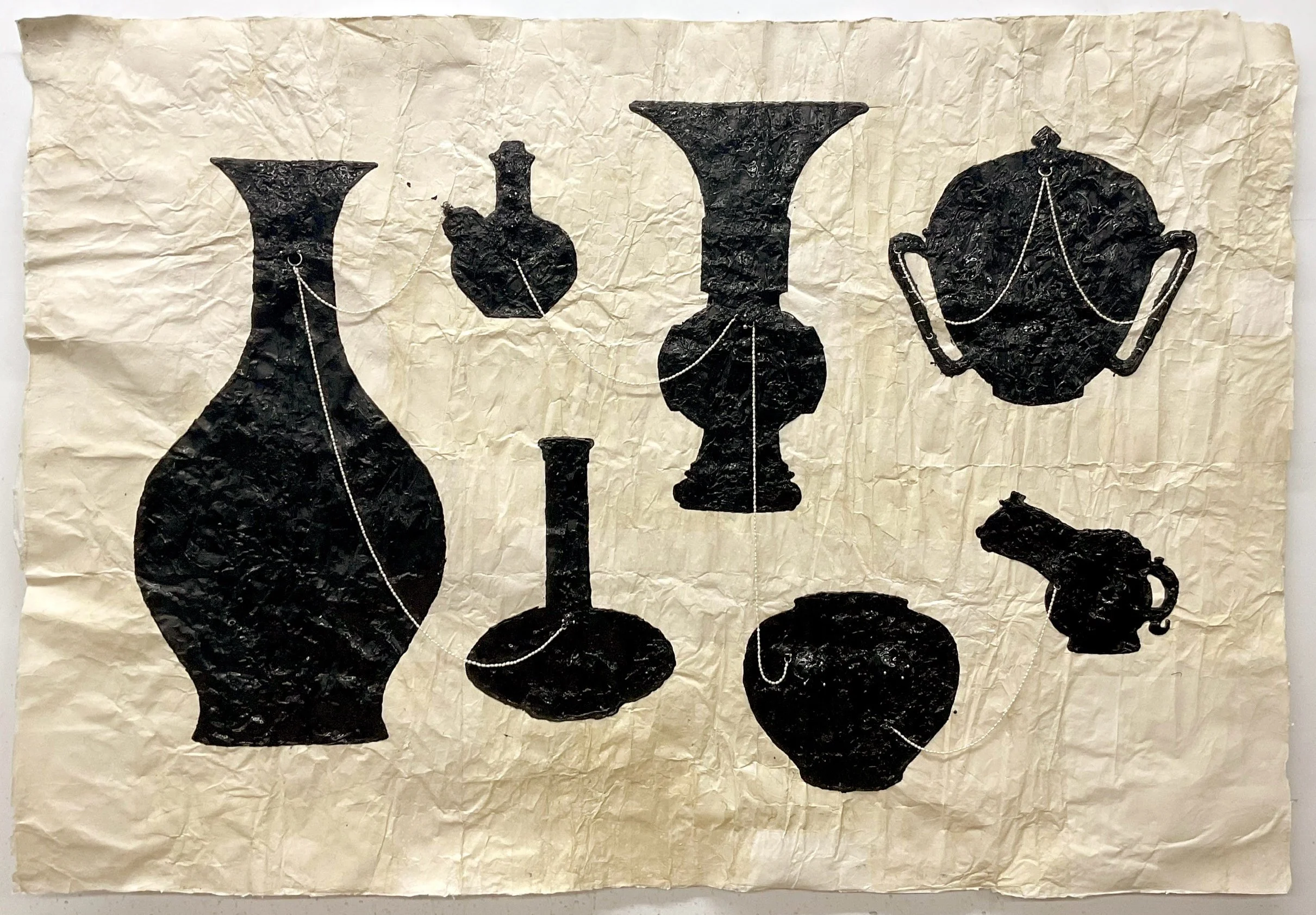  Ellen Jong  Pearl Chasing the Dragon , 2025 Handmade ink, pearls, and piercing jewelry on paper 51 x 76 inches approx 