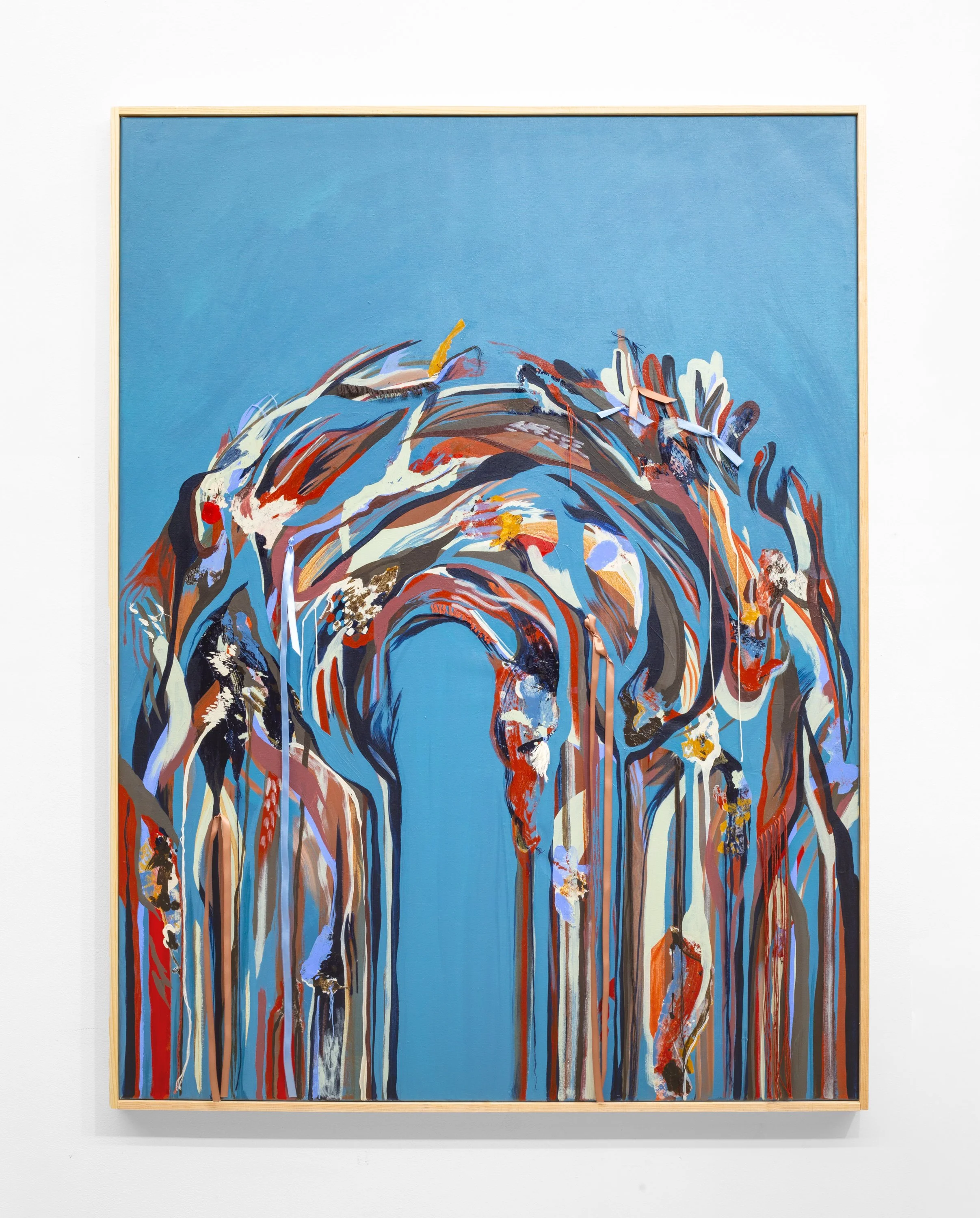  Renelle White Buffalo  Water Running Through the Hill , 2026 Acrylic, collage, ribbon, and emboidery thread on canvas 49 x 37 inches framed 