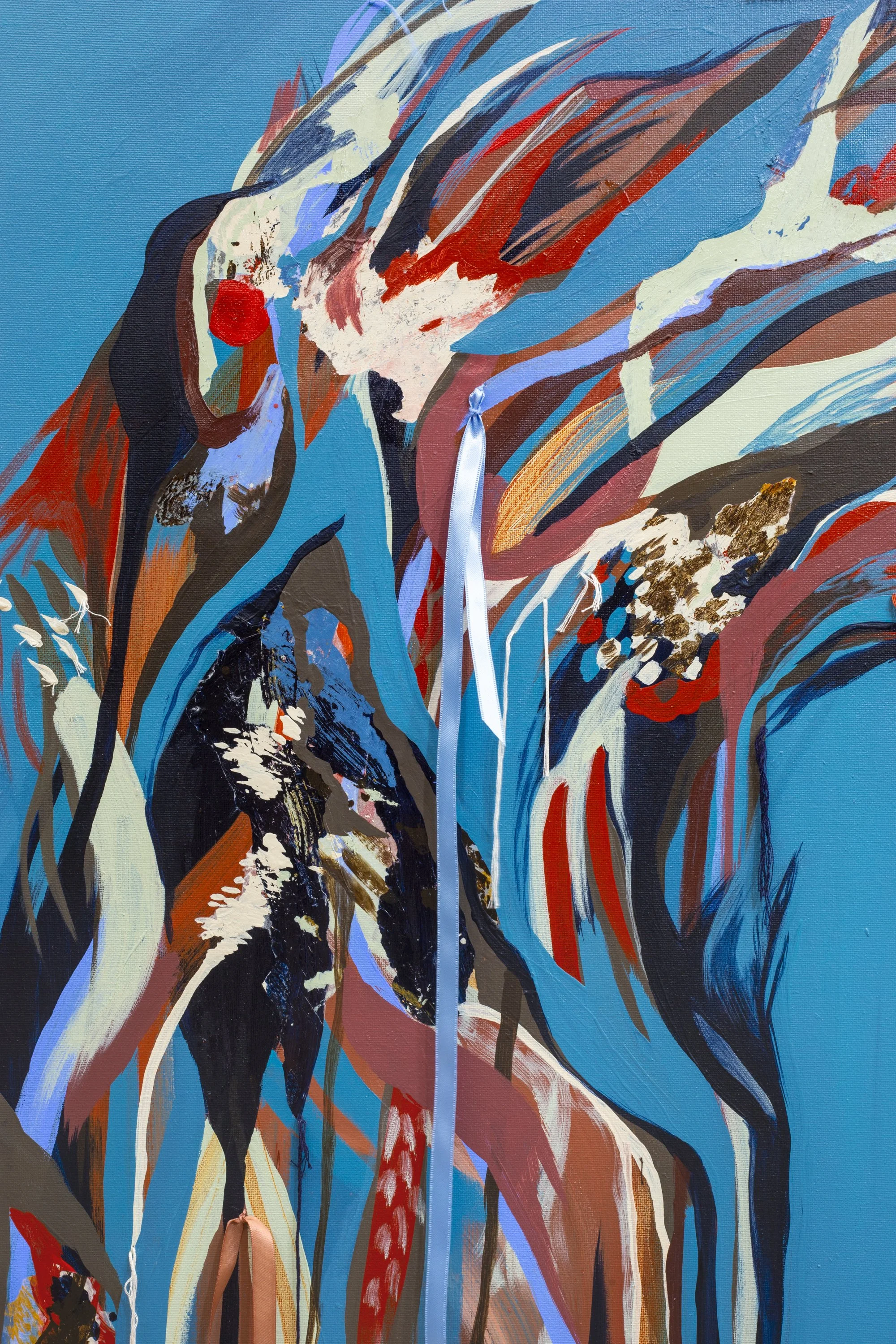  Renelle White Buffalo,  Detail of   Water Running Through the Hill , 2026 Acrylic, collage, ribbon, and emboidery thread on canvas 49 x 37 inches framed 