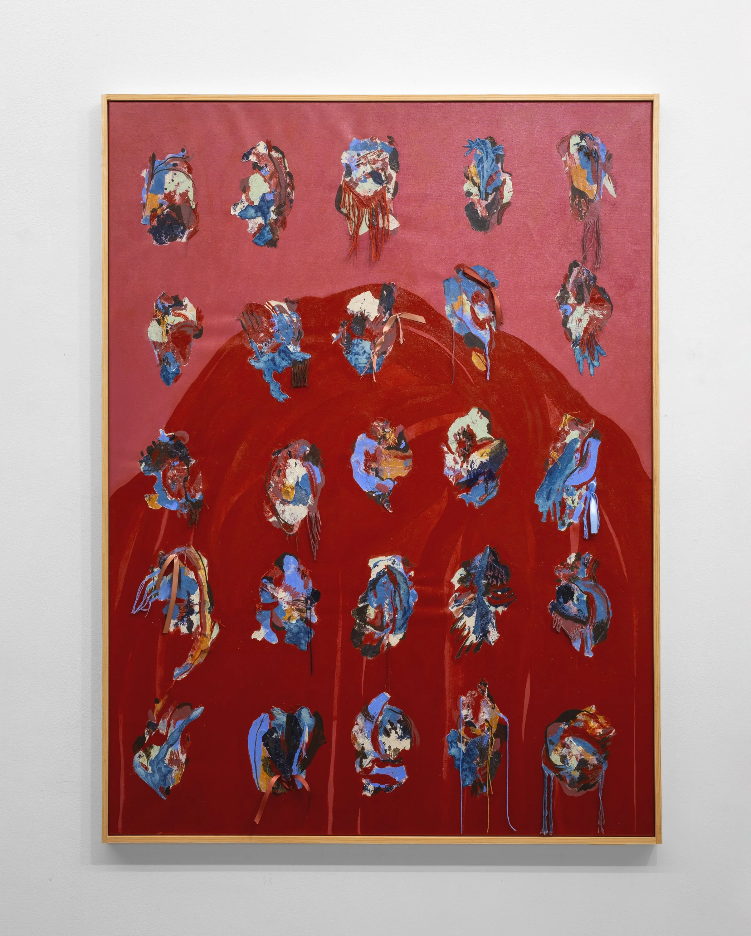  Renelle White Buffalo  Findings , 2026 Acrylic, collage, ribbon, cyanotype, and emboidery thread on canvas 49 x 37 inches framed 