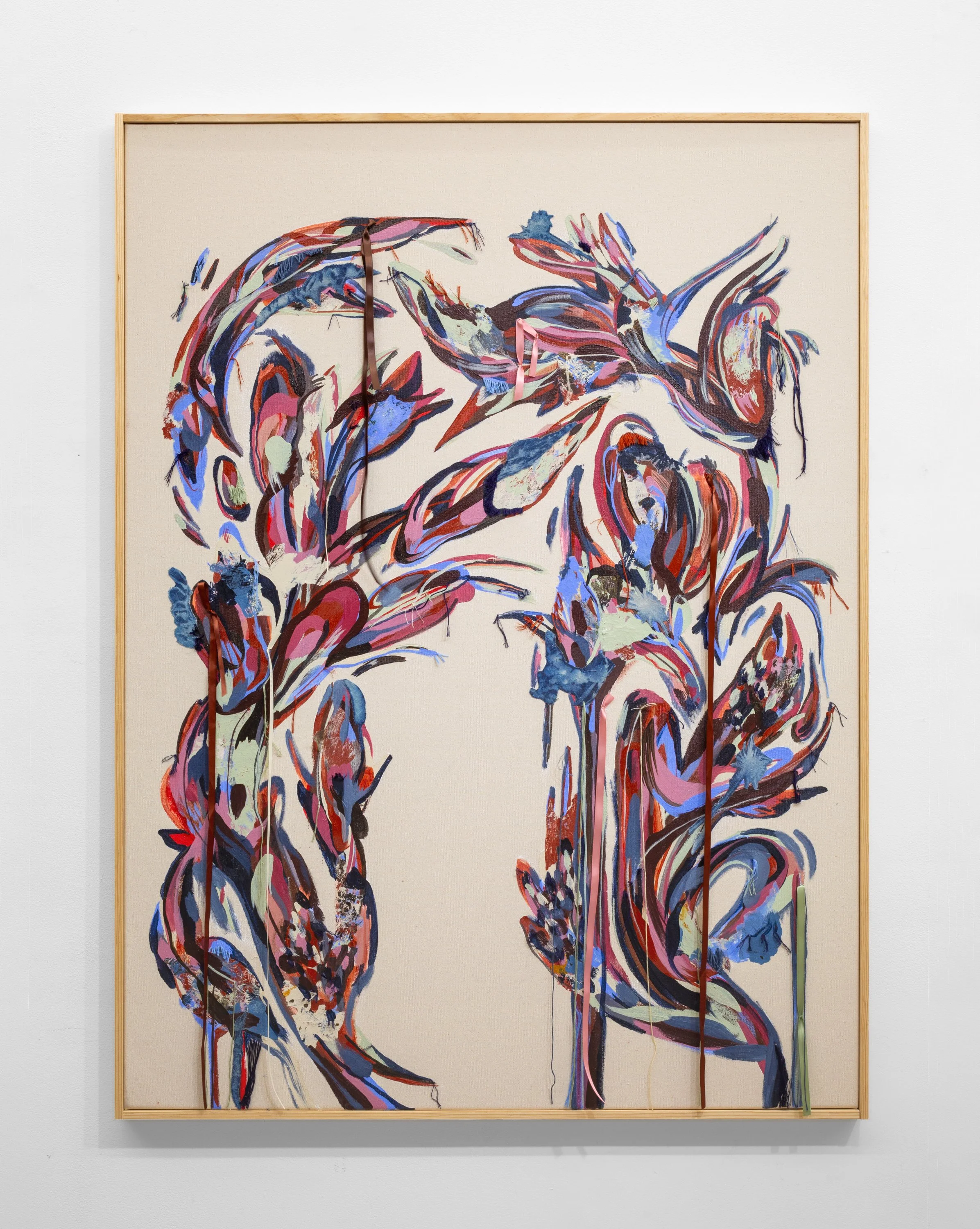  Renelle White Buffalo  Philo , 2026 Acrylic, collage, ribbon, and emboidery thread on canvas 49 x 39 inches framed 