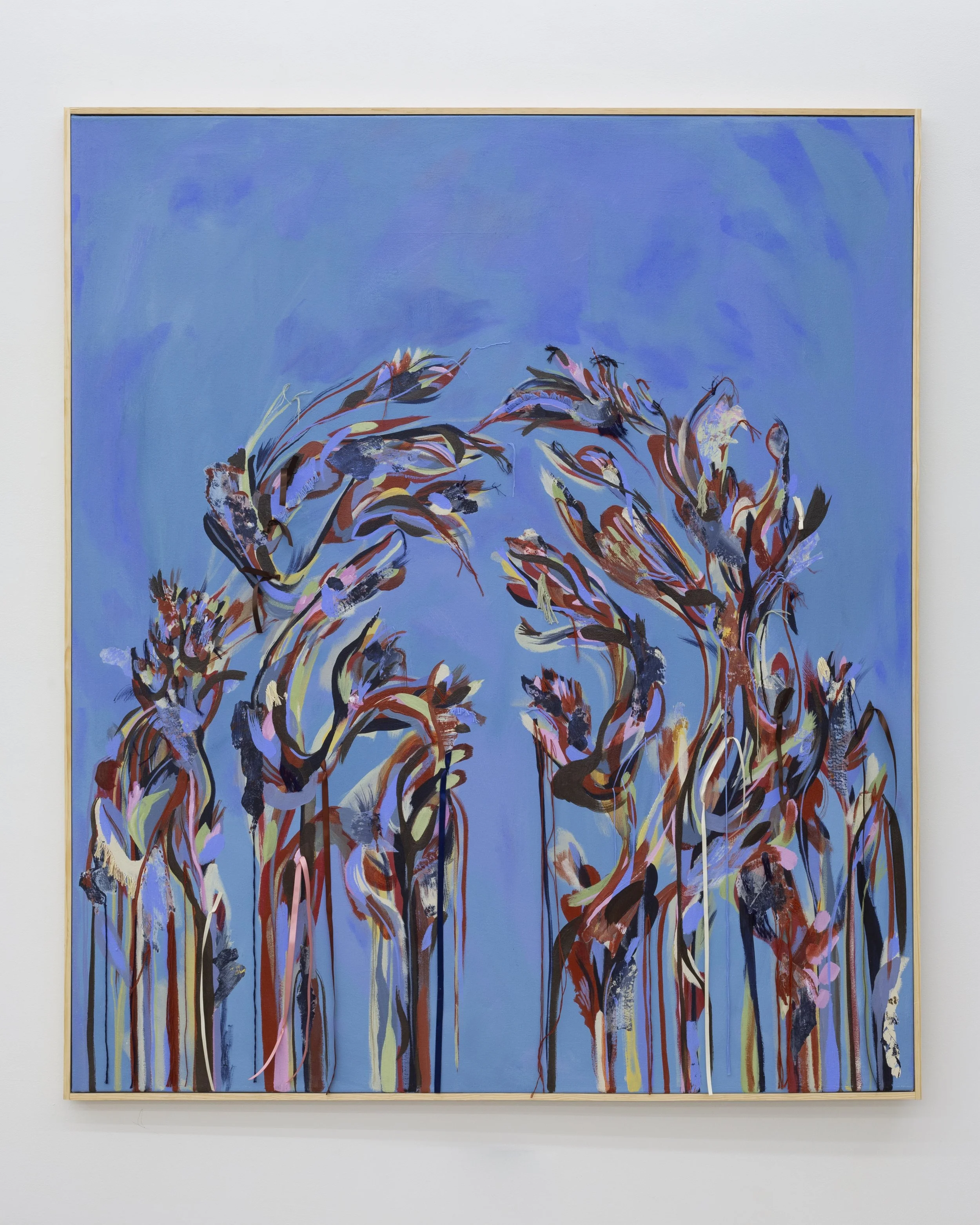  Renelle White Buffalo  Relative , 2026 Acrylic, collage, ribbon, and embroidery thread on canvas 60 x 52 inches 