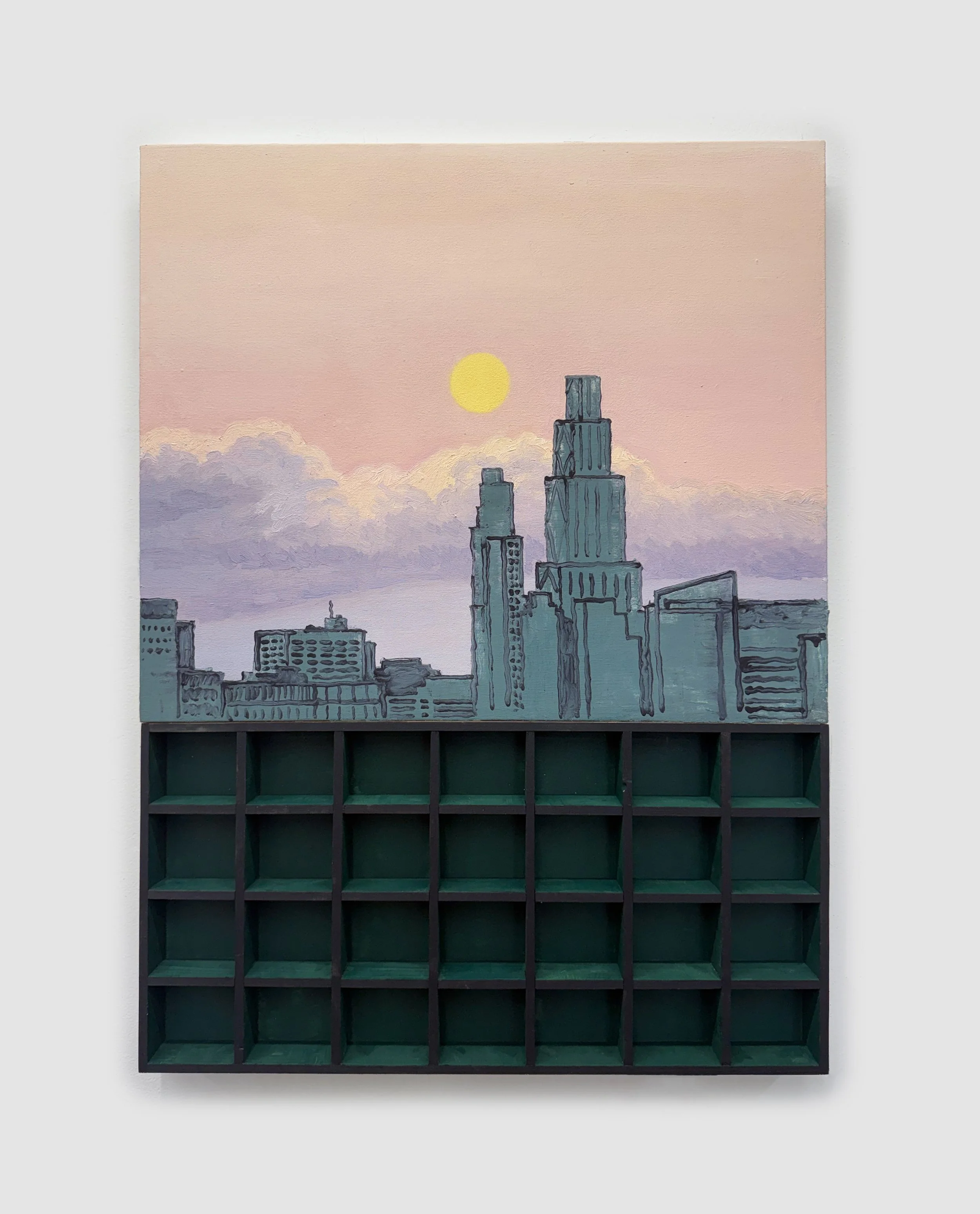  Masamitsu Shigeta, The sun and buildings, 2026, Oil on canvas with wood shelves, 32 x 23.75 in 