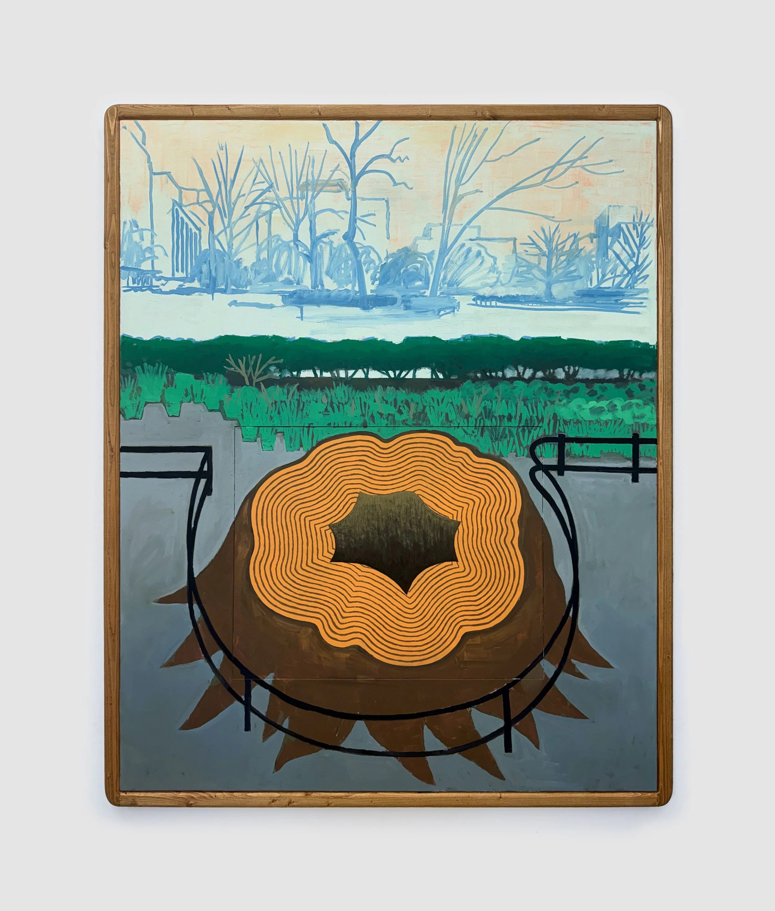  Masamitsu Shigeta, Falling down into a tree stump, 2026, Oil and acrylic on wood board inserted canvas with wood frame, 63 x 51 in 
