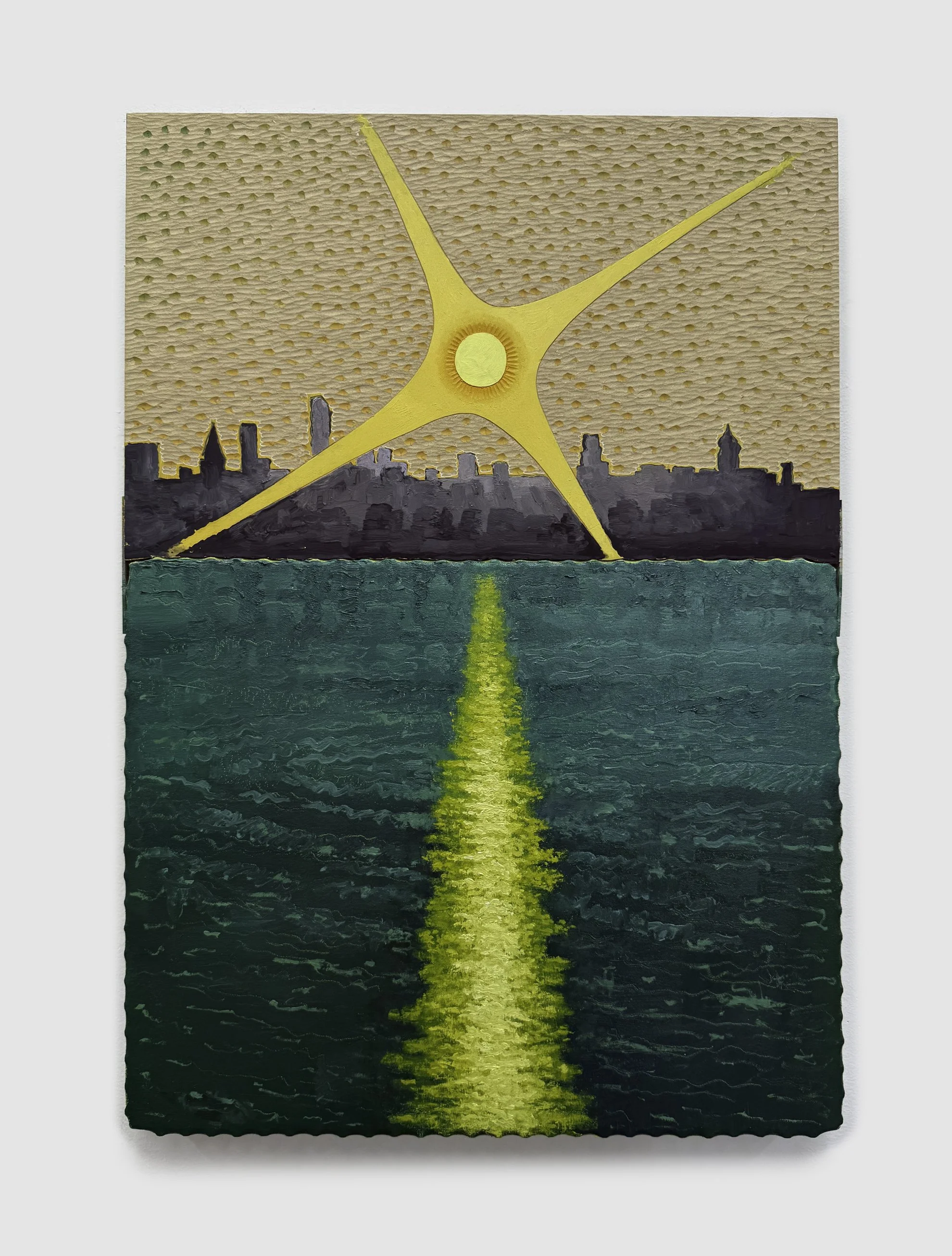  Masamitsu Shigeta, Yellow Sunset, 2026, Acrylic and oil on shaped canvas and wood board, 29.5 x 21 in 