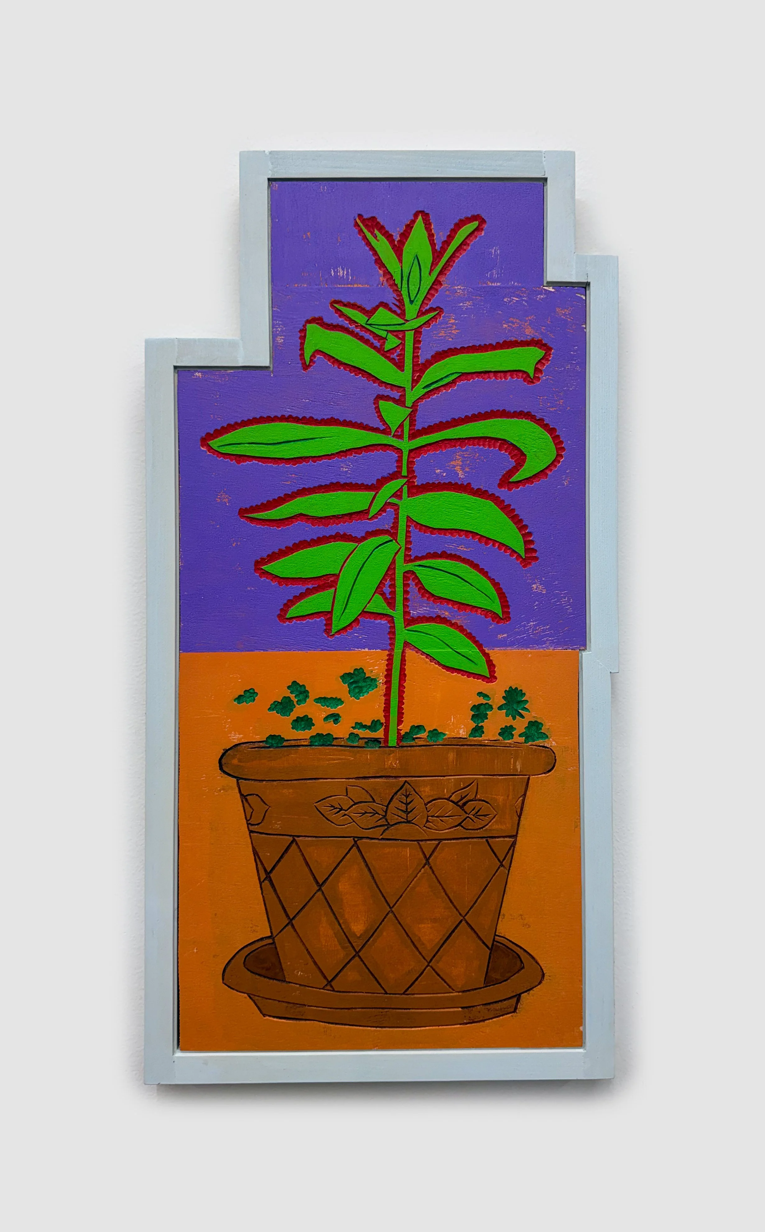  Masamitsu Shigeta, A plant in a pot, 2026, Acrylic on wood board with wood frame, 23 x 11.5 in 