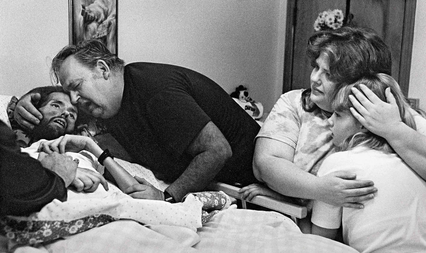 The iconic 1990 deathbed photograph that later became the centerpiece of a Benetton campaign. Photo: Therese Frare