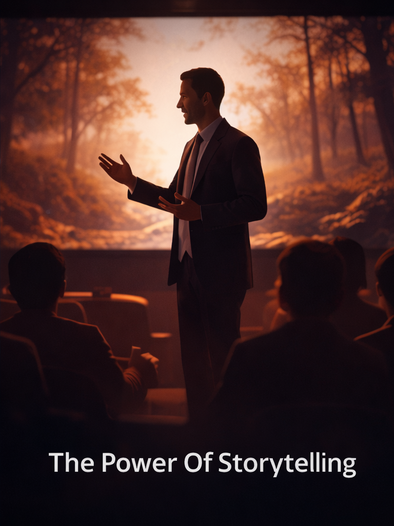 A man in a suit giving a presentation in front of an audience, with a nature scene projected behind him. The text on the image reads 'The Power of Storytelling'.