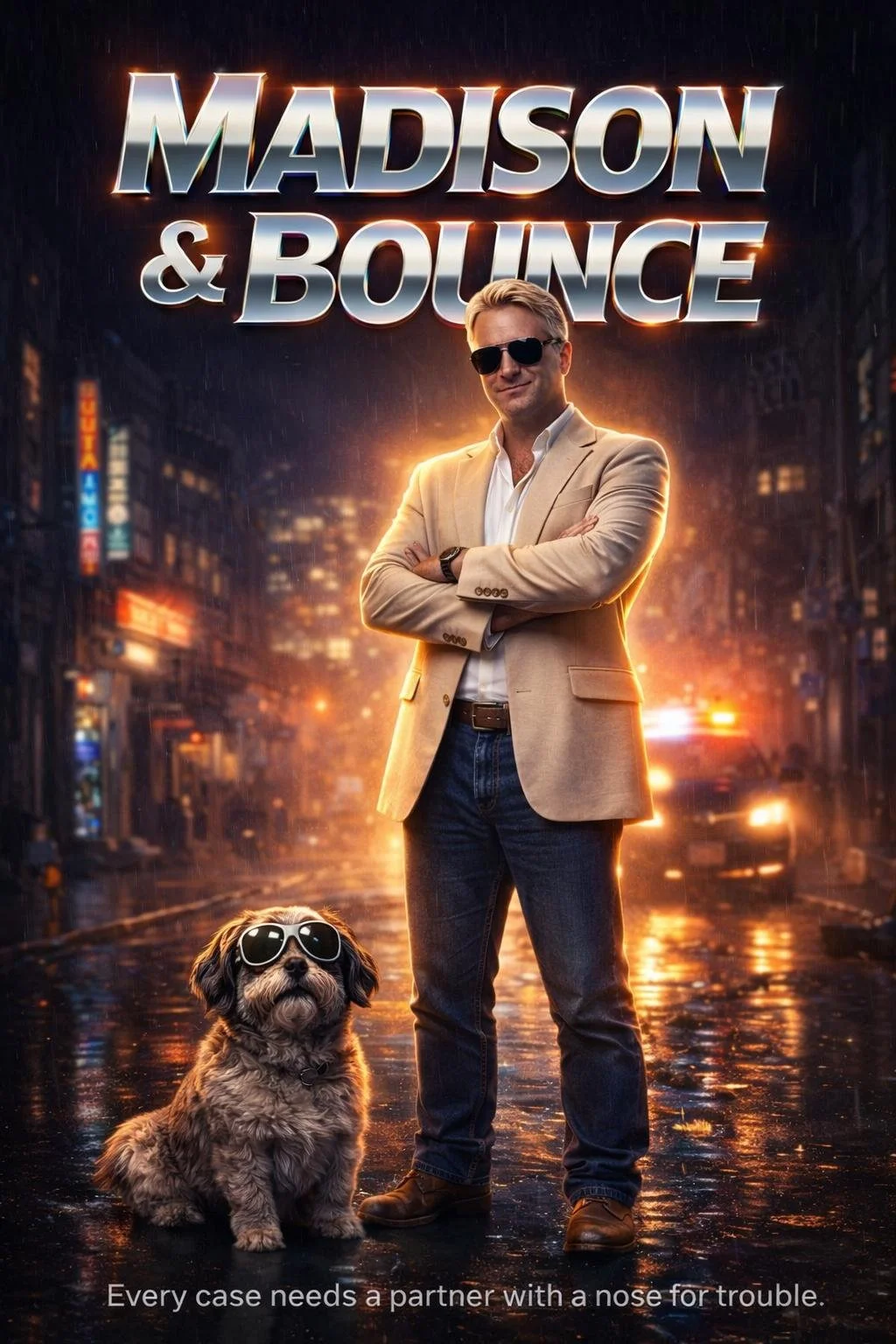 Movie poster for 'Madison & Bounce' featuring a man in a beige blazer and sunglasses standing with arms crossed next to a dog with sunglasses on a rainy city street at night.