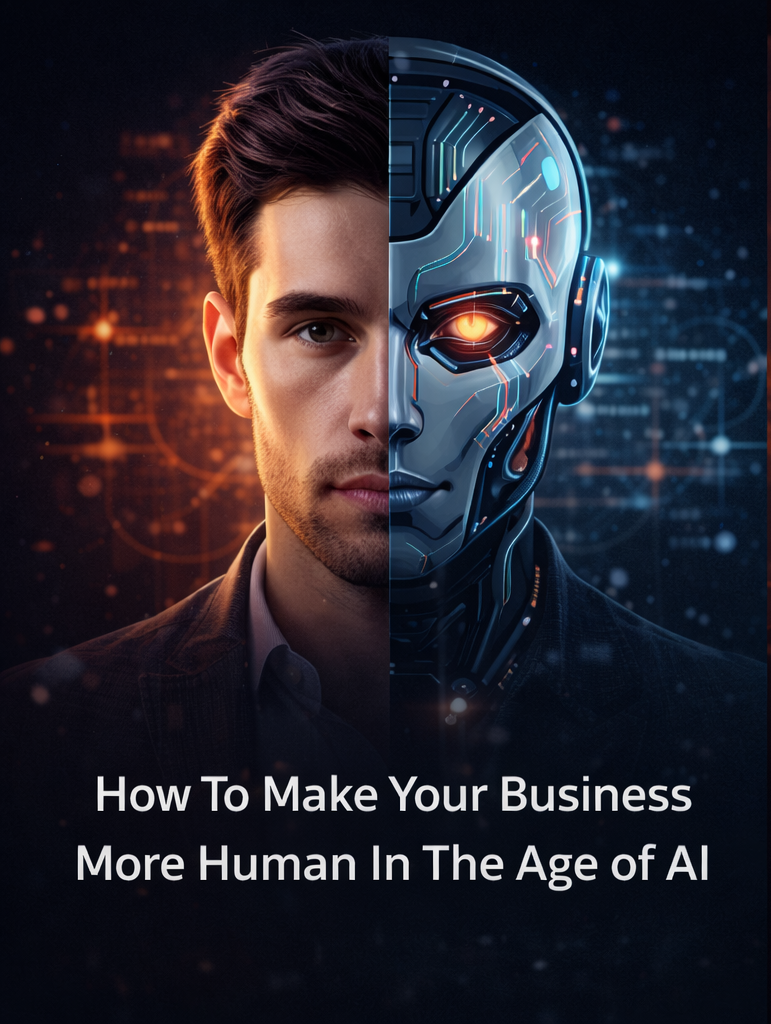 Half of a man's face, human side with warm lighting, and half robotic with glowing eye, futuristic digital background. Text: How to make your business more human in the age of AI.