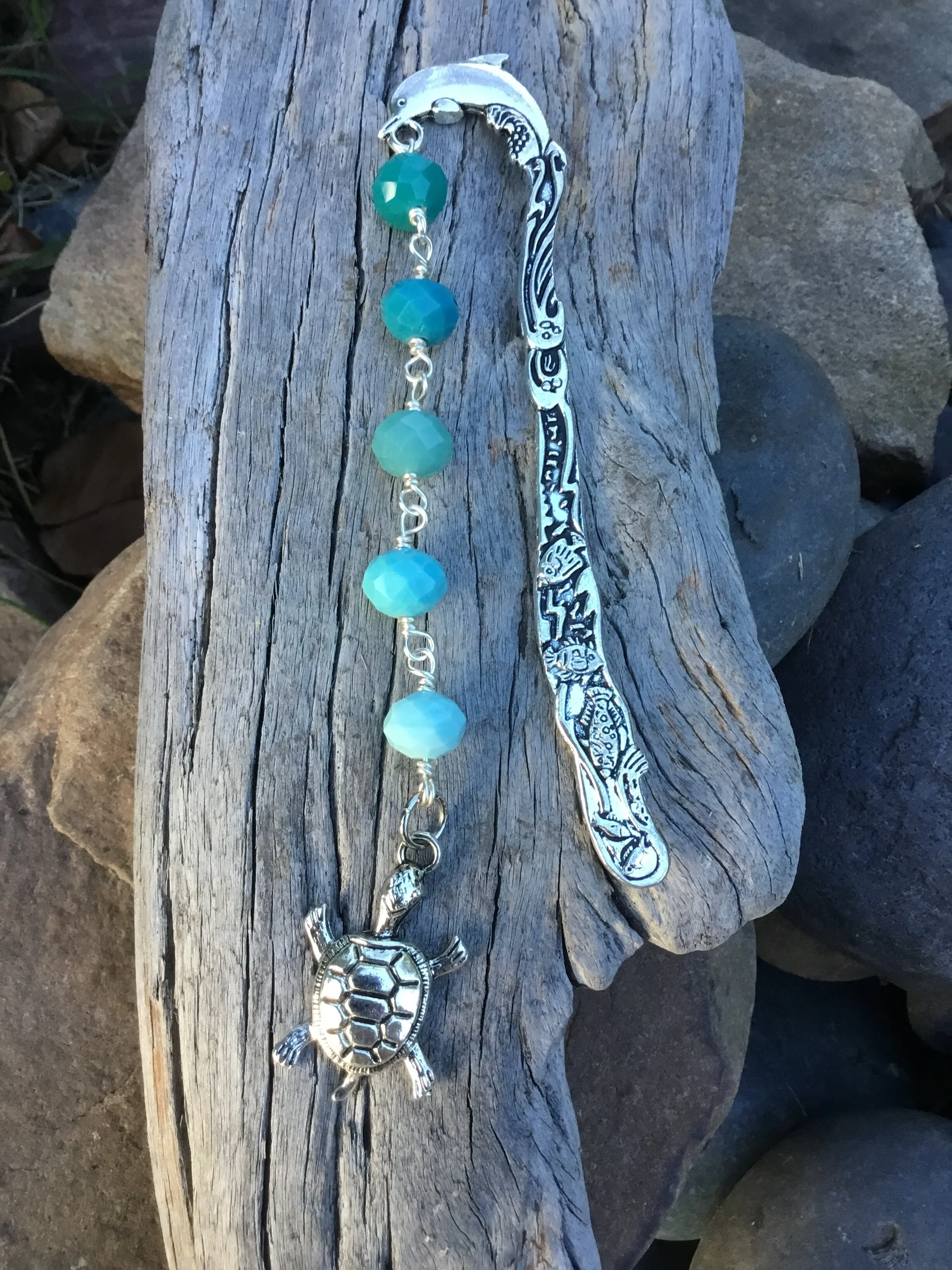 Dolphin Signature Bookmark (Matte Crystal Beads, Turtle Charm)