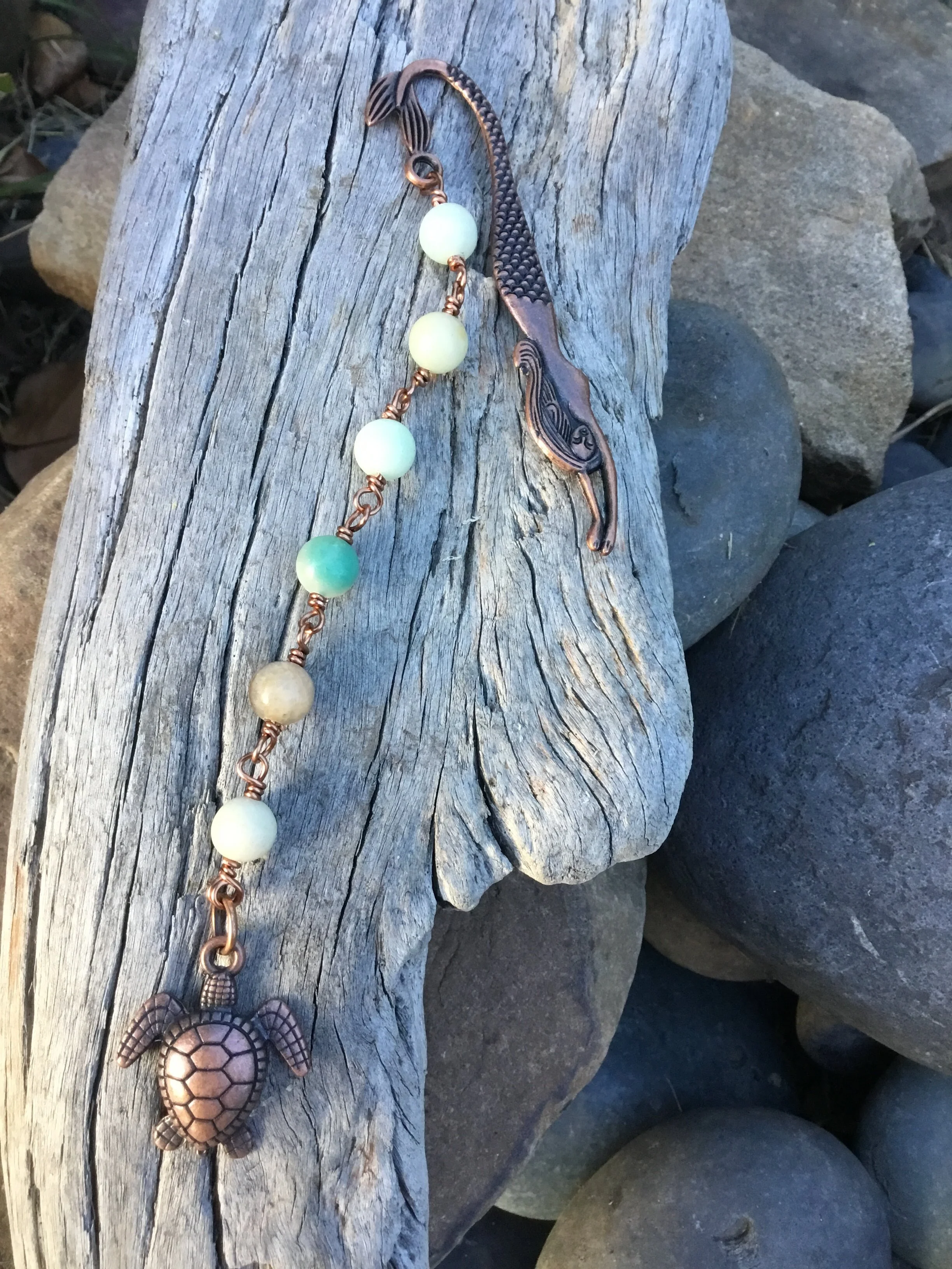 Mermaid Signature Book Mark  (Amazonite Beads, Turtle Charm)